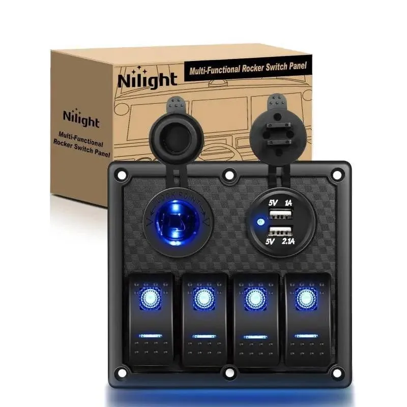 4Gang ON/Off Blue Rocker Switch Panel w/ USB Charger Power Socket Fuse