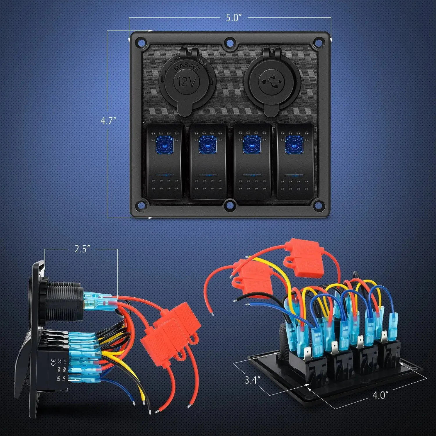 4Gang ON/Off Blue Rocker Switch Panel w/ USB Charger Power Socket Fuse