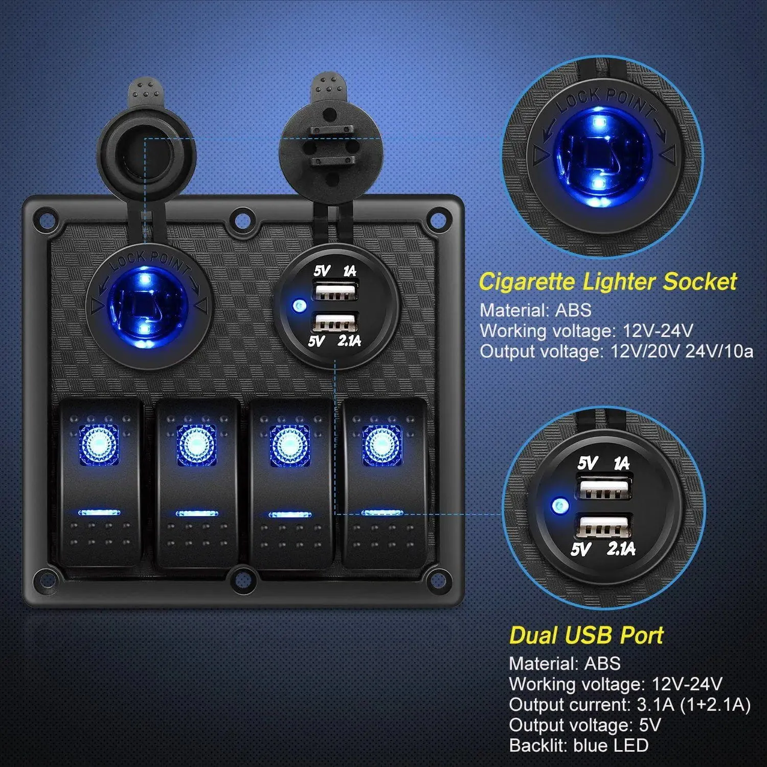 4Gang ON/Off Blue Rocker Switch Panel w/ USB Charger Power Socket Fuse