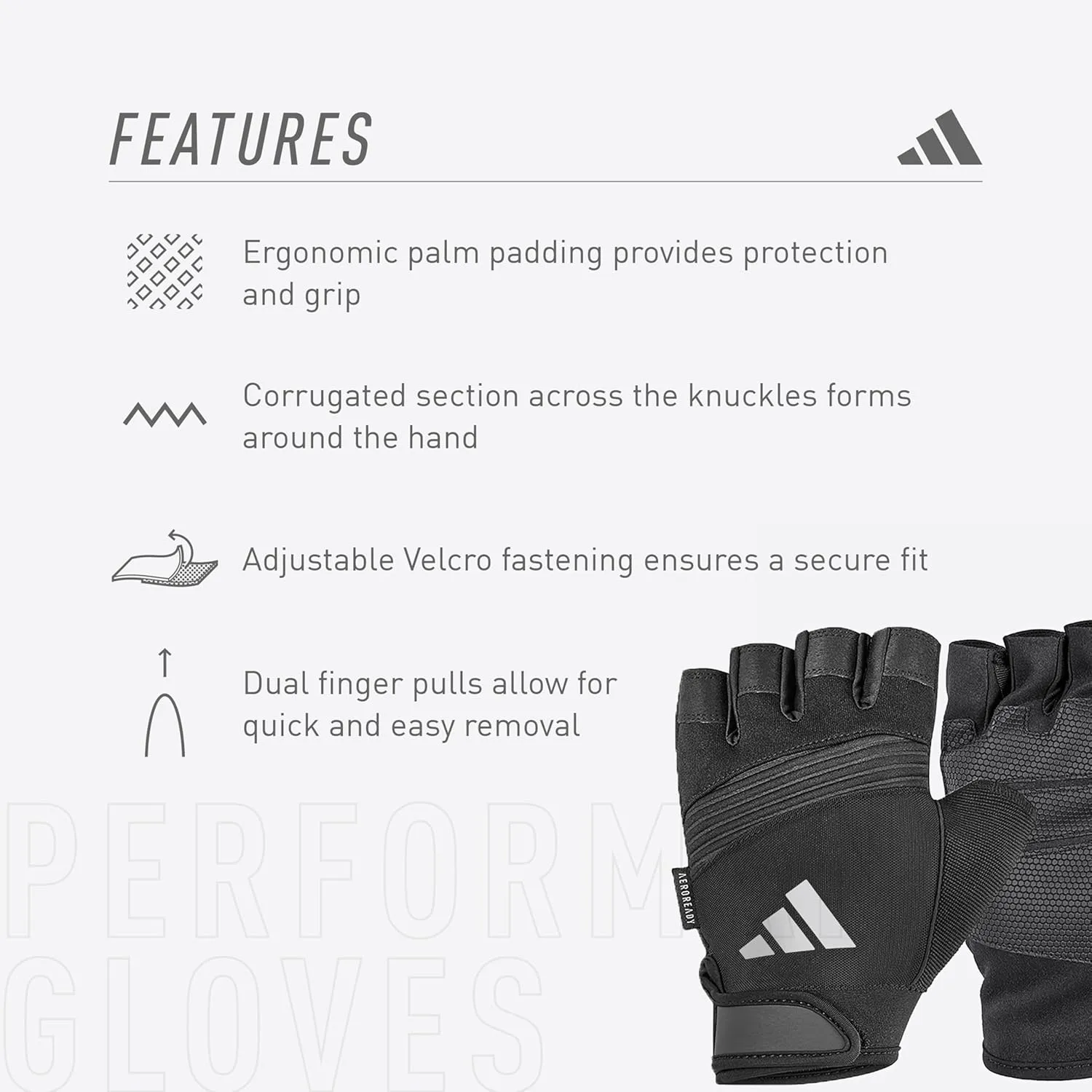 adidas Aeroready Performance Weightlifting Gloves, Fingerless Workout Gloves