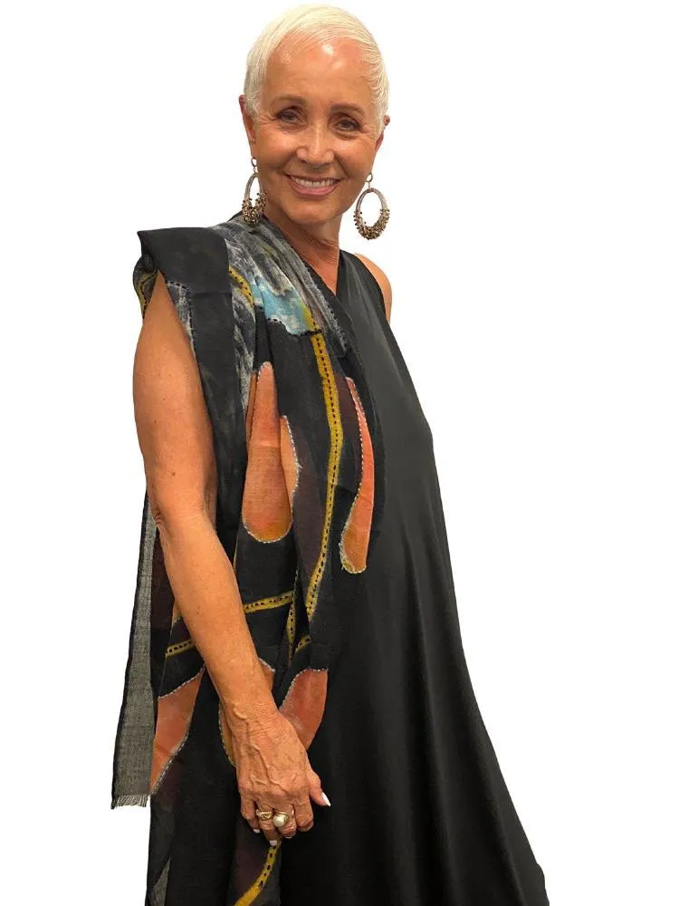 Black, yellow, burnt orange printed scarf | PORTER