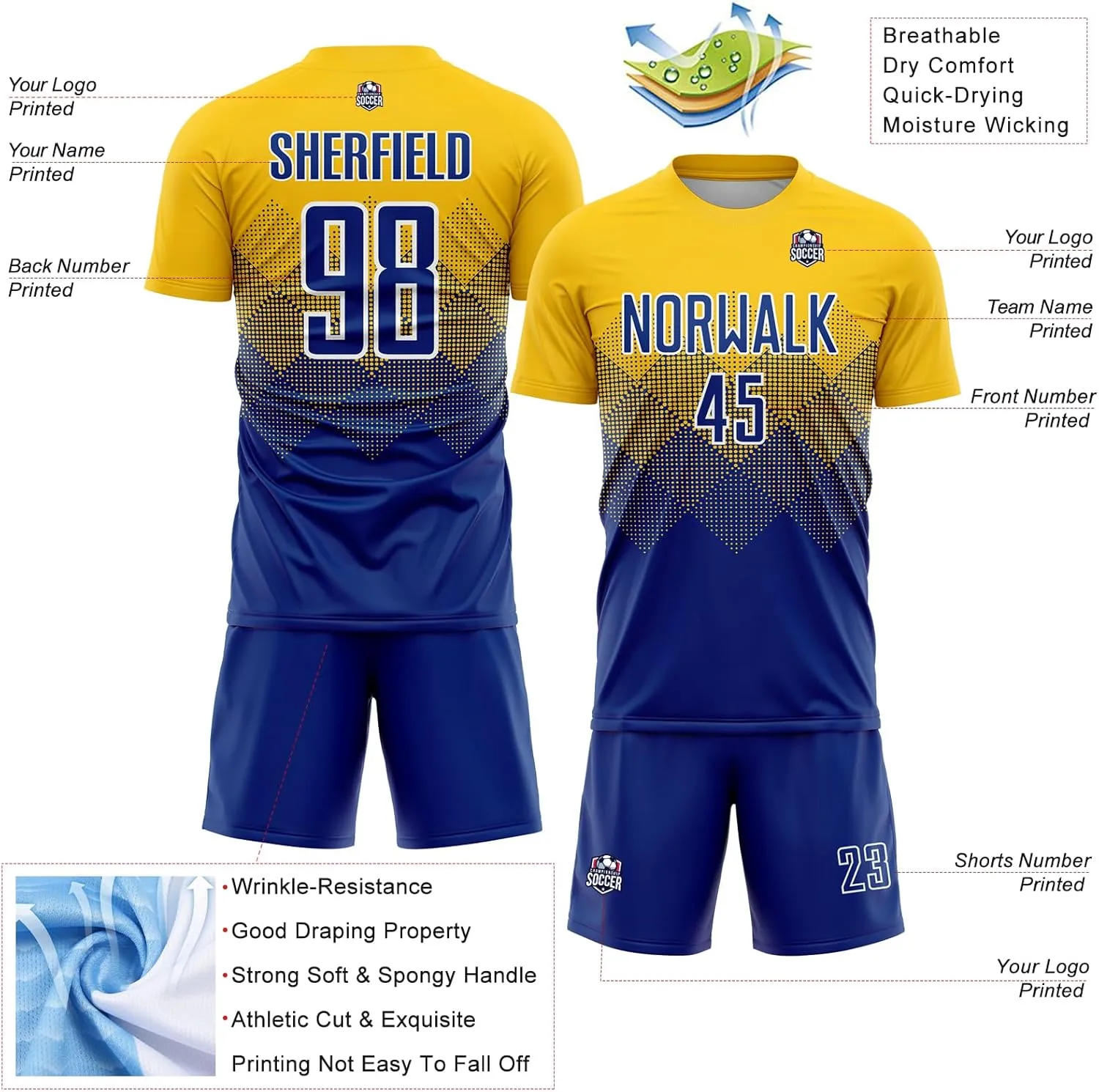 Custom Soccer Jersey Team Training Uniforms Short Sleeve Fade Sports T-Shirts Shorts Set Printed Text Logo Fans Gift