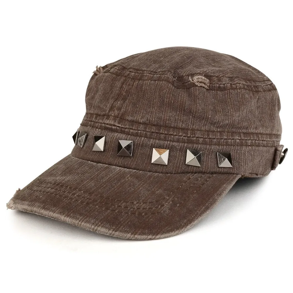 Distressed Flat Top Metallic Studded Frayed Cadet Style Army Cap