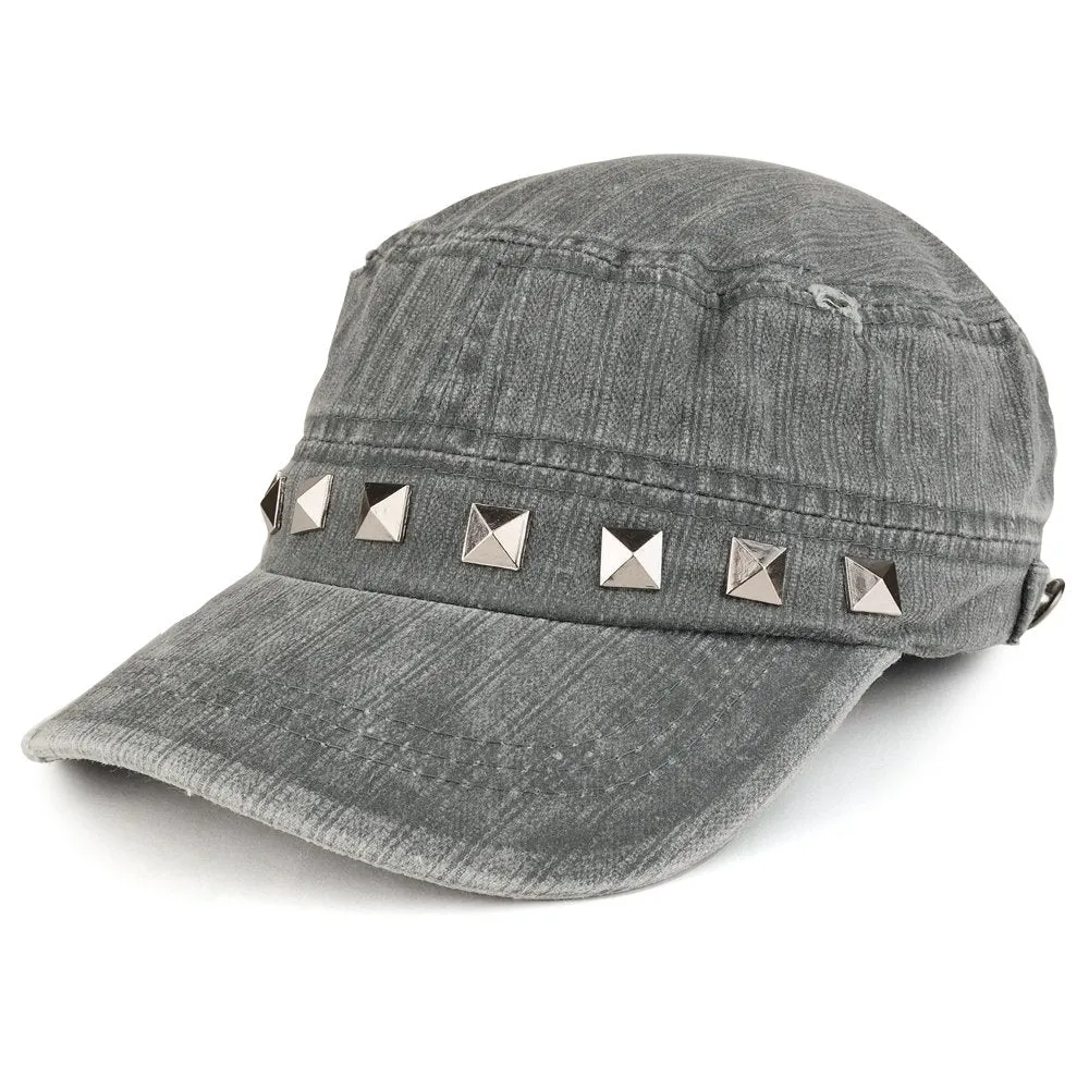 Distressed Flat Top Metallic Studded Frayed Cadet Style Army Cap