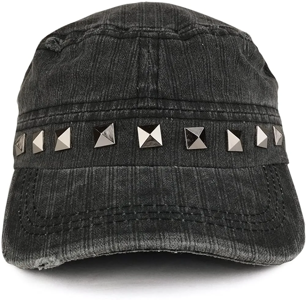 Distressed Flat Top Metallic Studded Frayed Cadet Style Army Cap