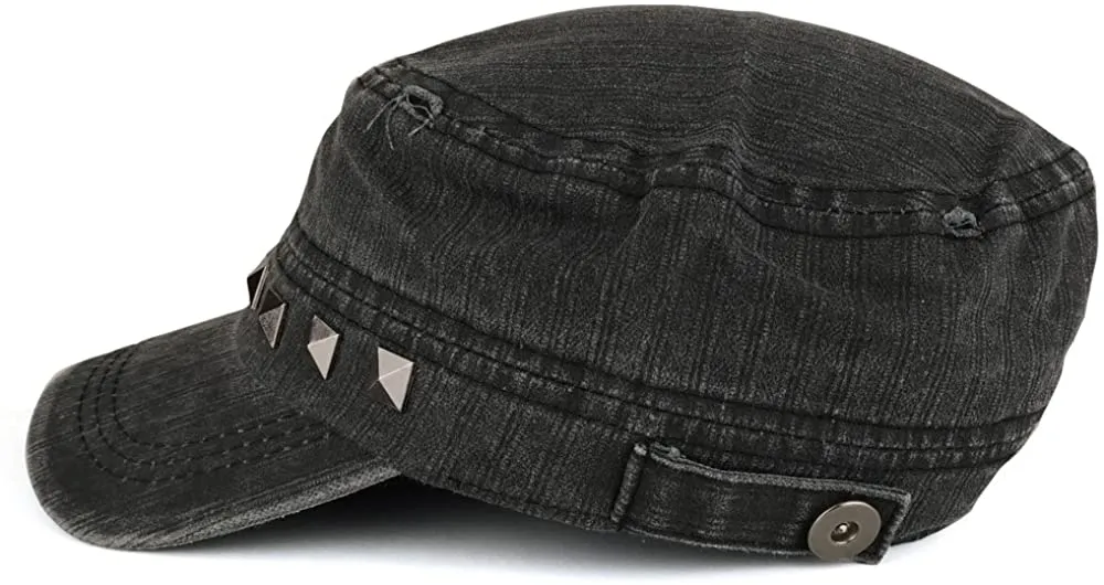 Distressed Flat Top Metallic Studded Frayed Cadet Style Army Cap
