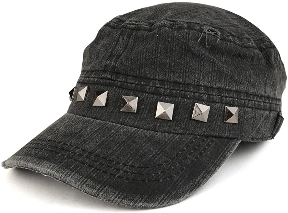 Distressed Flat Top Metallic Studded Frayed Cadet Style Army Cap