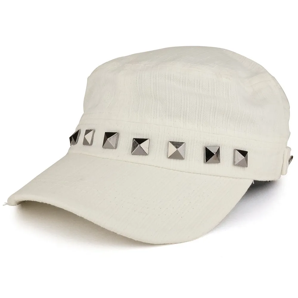 Distressed Flat Top Metallic Studded Frayed Cadet Style Army Cap