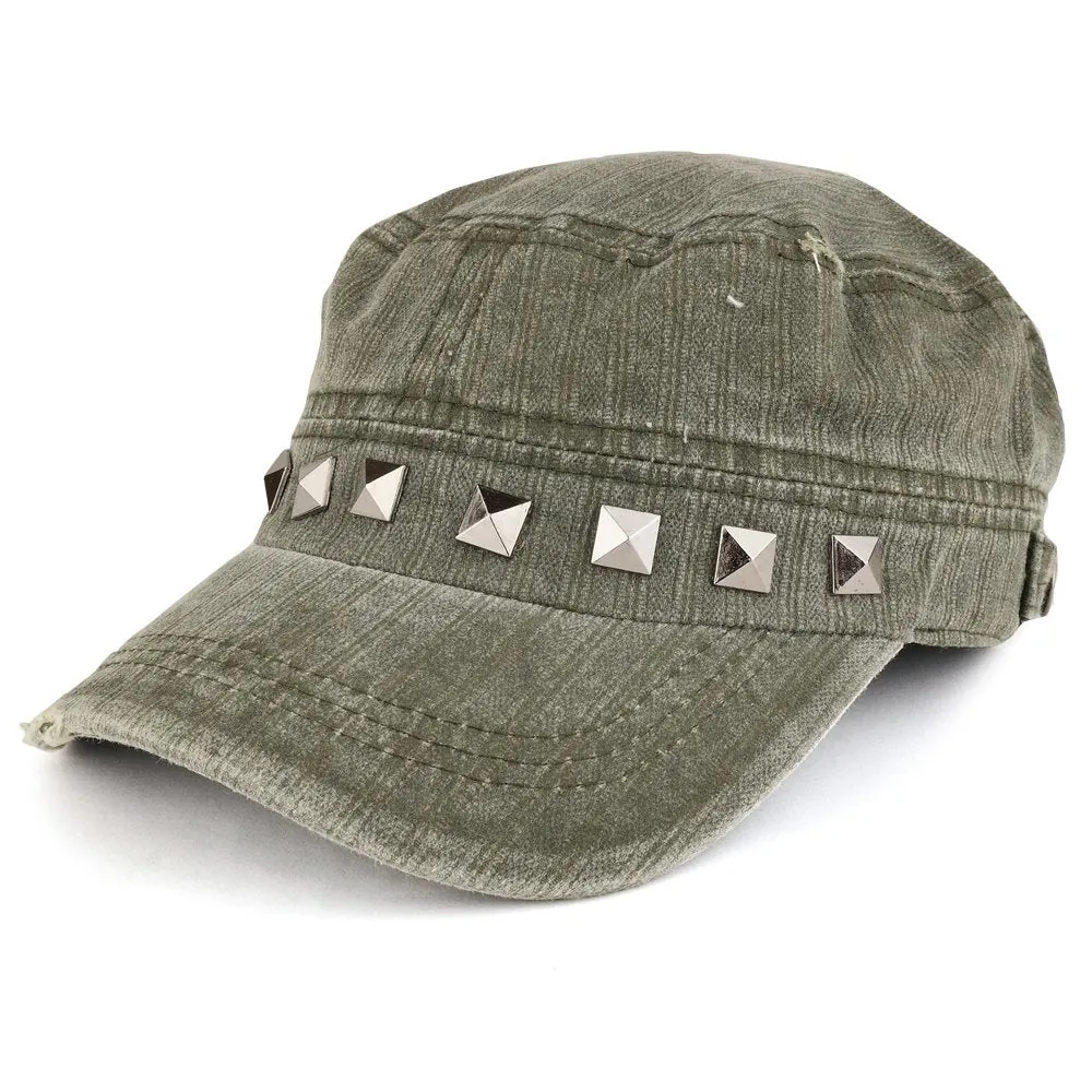 Distressed Flat Top Metallic Studded Frayed Cadet Style Army Cap