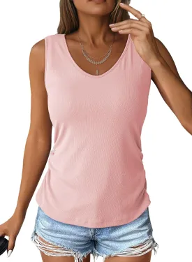 Dokotoo Tank Top with Built in Bra for Women Casual Summer Sleeveless Tops Slim Fitted V Neck Ruched Cami Shirts