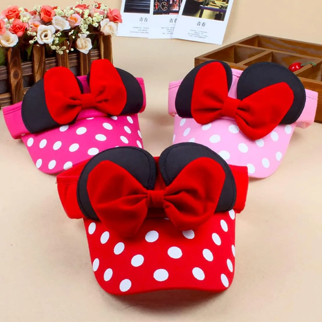 D.O.T Mouse Ear Hat Baby Toddler Girls Sun Visor Hat Adjustable Polka Dots Empty Top Baseball Cap with Bow for Kids Ages 1-5