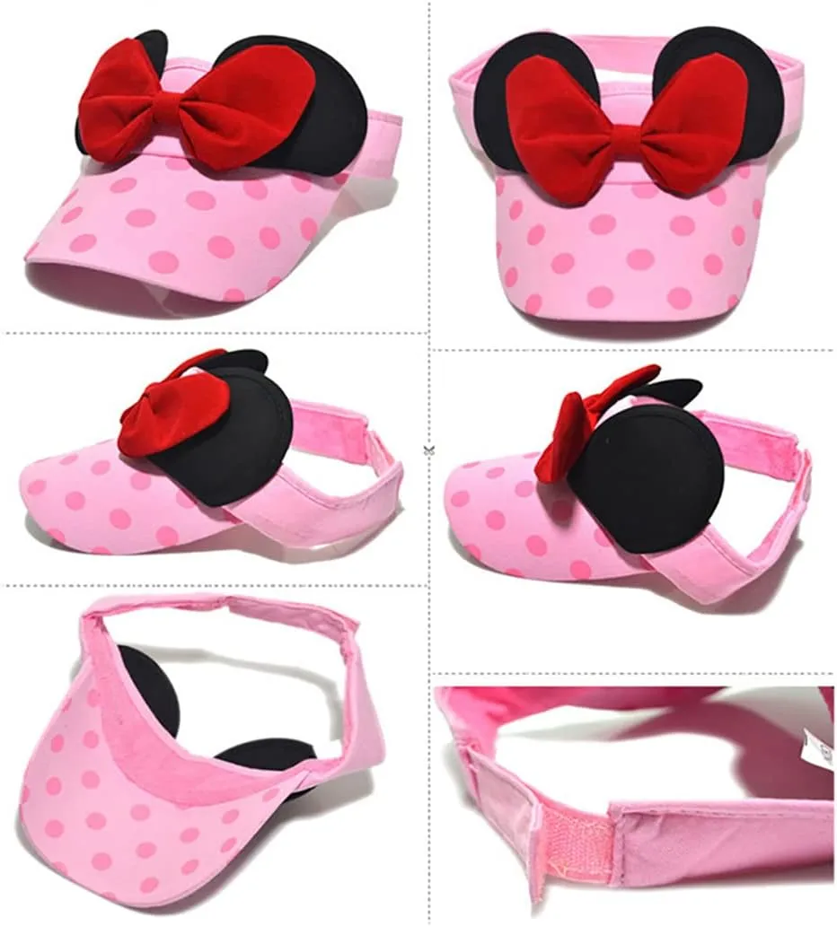 D.O.T Mouse Ear Hat Baby Toddler Girls Sun Visor Hat Adjustable Polka Dots Empty Top Baseball Cap with Bow for Kids Ages 1-5
