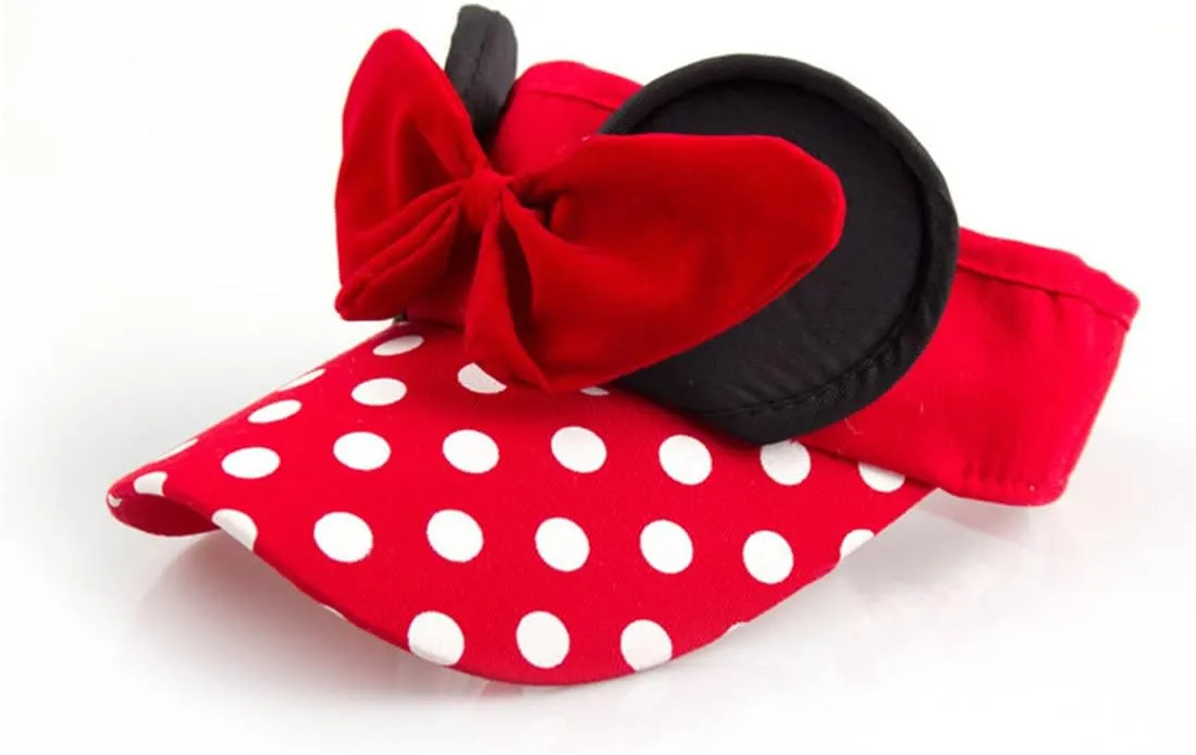 D.O.T Mouse Ear Hat Baby Toddler Girls Sun Visor Hat Adjustable Polka Dots Empty Top Baseball Cap with Bow for Kids Ages 1-5