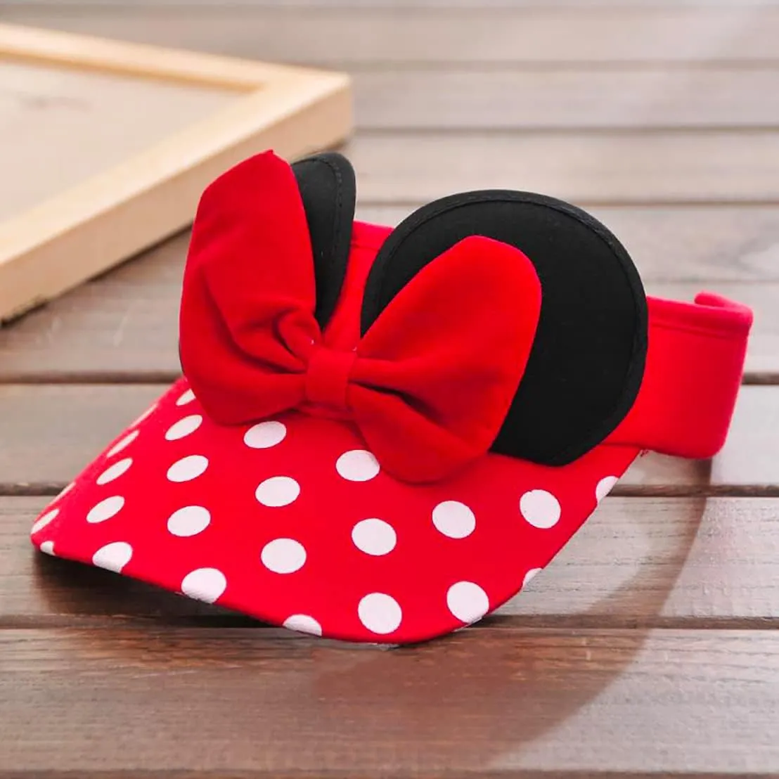 D.O.T Mouse Ear Hat Baby Toddler Girls Sun Visor Hat Adjustable Polka Dots Empty Top Baseball Cap with Bow for Kids Ages 1-5