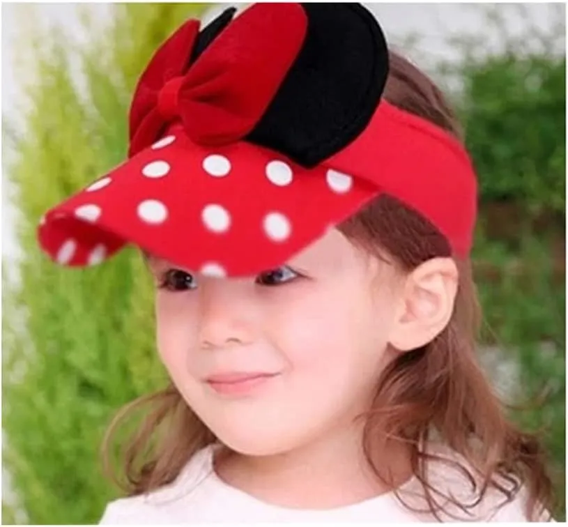 D.O.T Mouse Ear Hat Baby Toddler Girls Sun Visor Hat Adjustable Polka Dots Empty Top Baseball Cap with Bow for Kids Ages 1-5