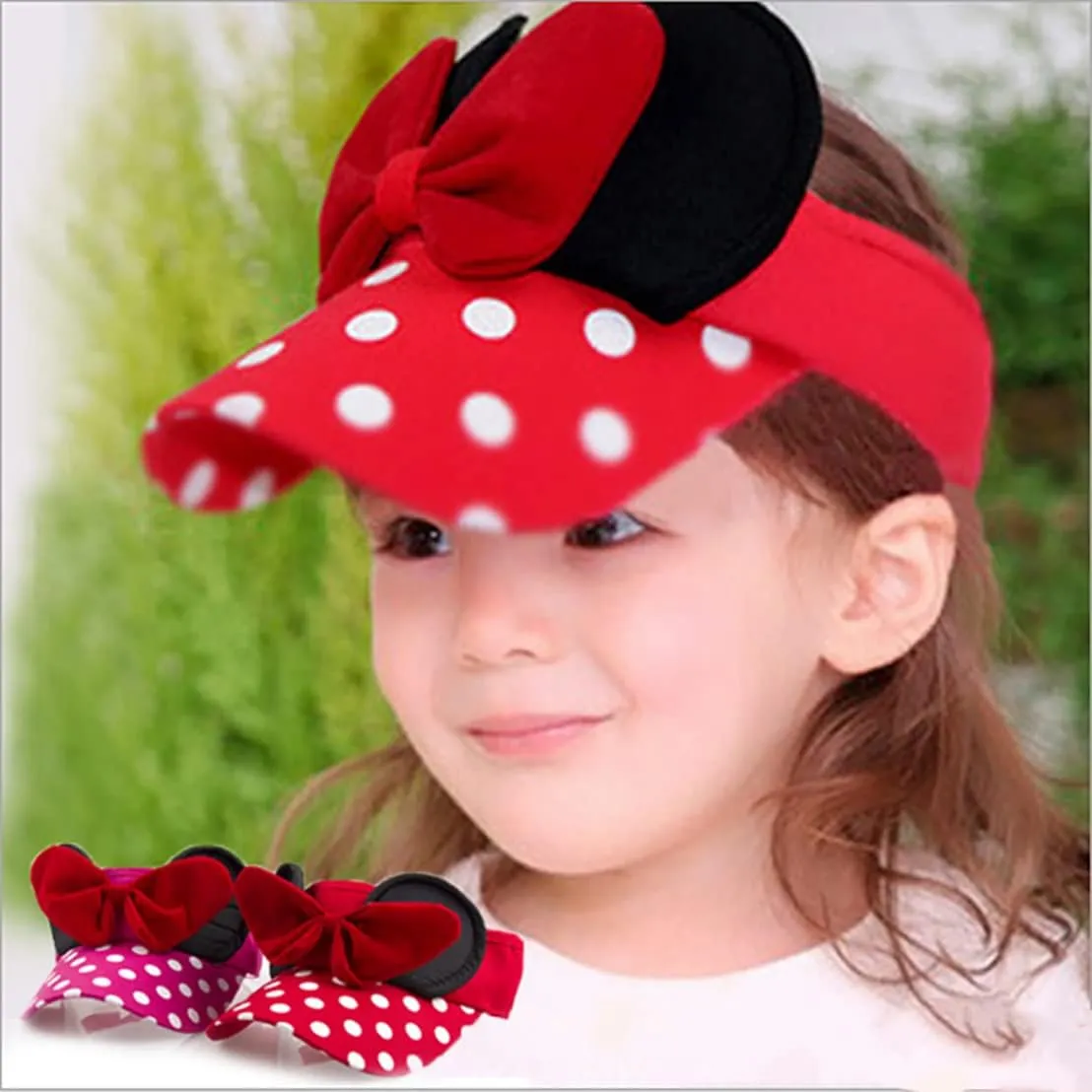 D.O.T Mouse Ear Hat Baby Toddler Girls Sun Visor Hat Adjustable Polka Dots Empty Top Baseball Cap with Bow for Kids Ages 1-5