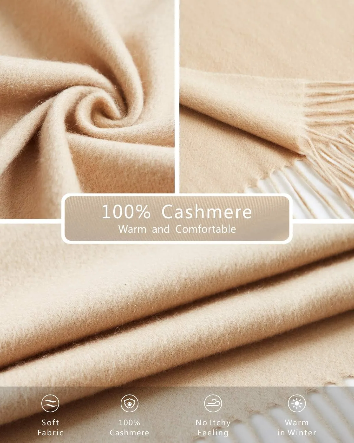 EURKEA 100% Cashmere 2024 Winter Scarf for Women, Fringed Edges, Warm & Soft, Lightweight, Gift Ready, Solid/Plaid/Two-Tone