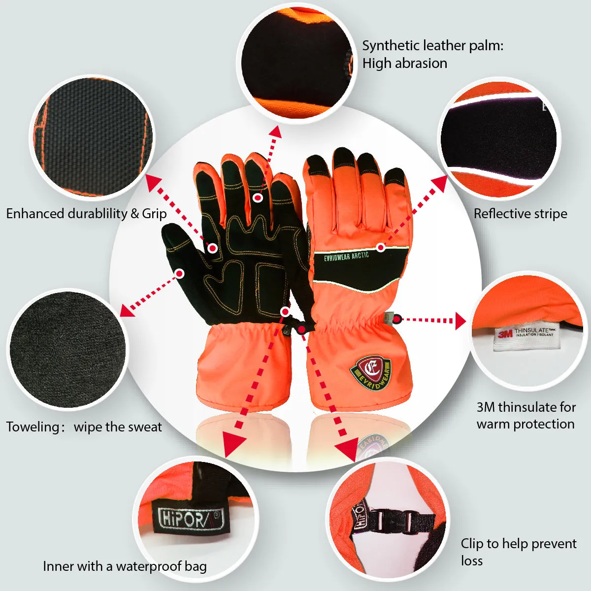 EvridWear 1 Pair Waterproof Ski Gloves, 3M Thinsulate Snowboard Winter Gloves (Orange)