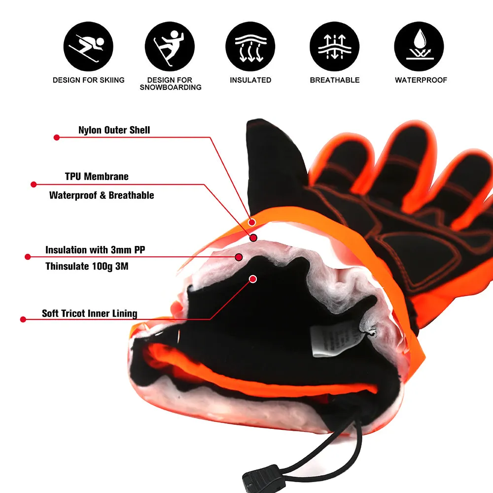 EvridWear 1 Pair Waterproof Ski Gloves, 3M Thinsulate Snowboard Winter Gloves (Orange)