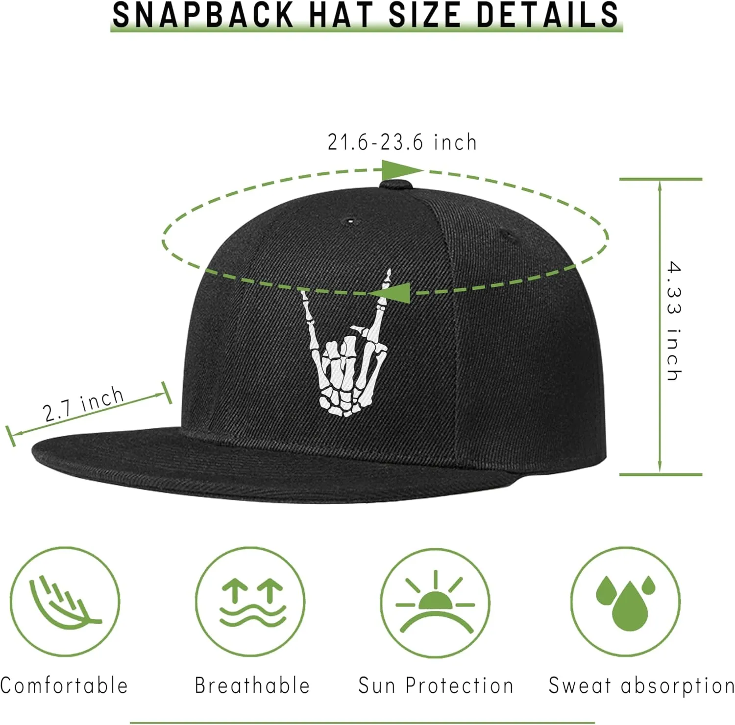 Flat Bill Hats for Men Snapback Skull Hats Black Hat for Teen Boys Skateboard Hats Baseball Cap