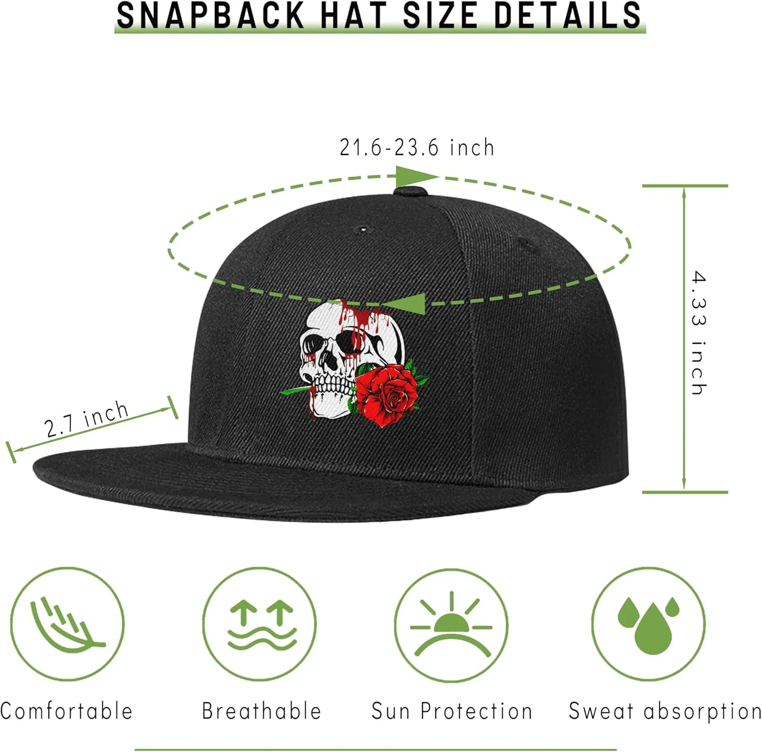 Flat Bill Hats for Men Snapback Skull Hats Black Hat for Teen Boys Skateboard Hats Baseball Cap
