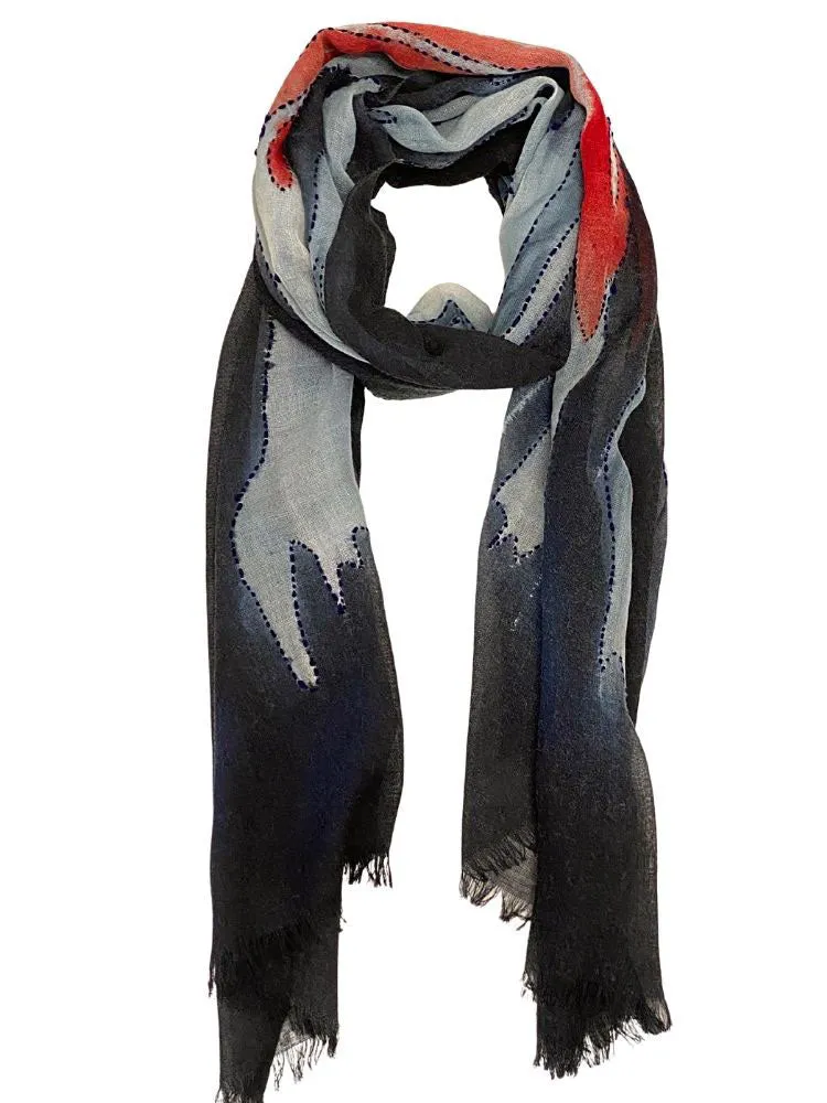 Grey and red printed fine wool scarf | PRIYA