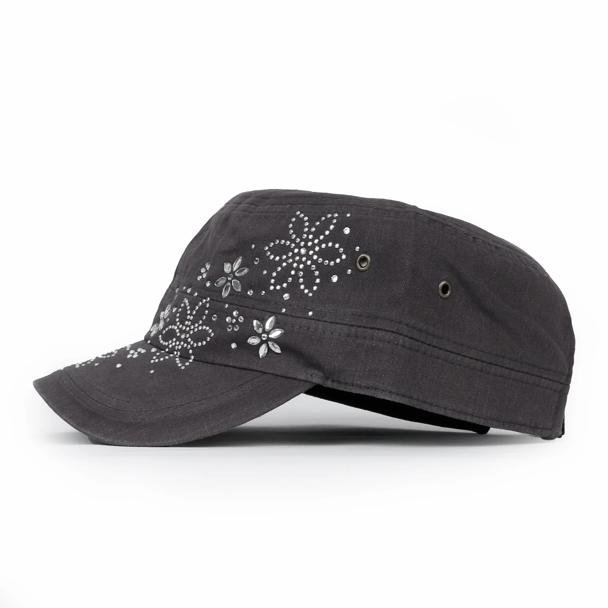 ililily Crystal / Black Gemstone Flower Vintage Military Army Hat Cadet Cap