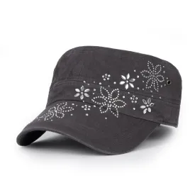 ililily Crystal / Black Gemstone Flower Vintage Military Army Hat Cadet Cap