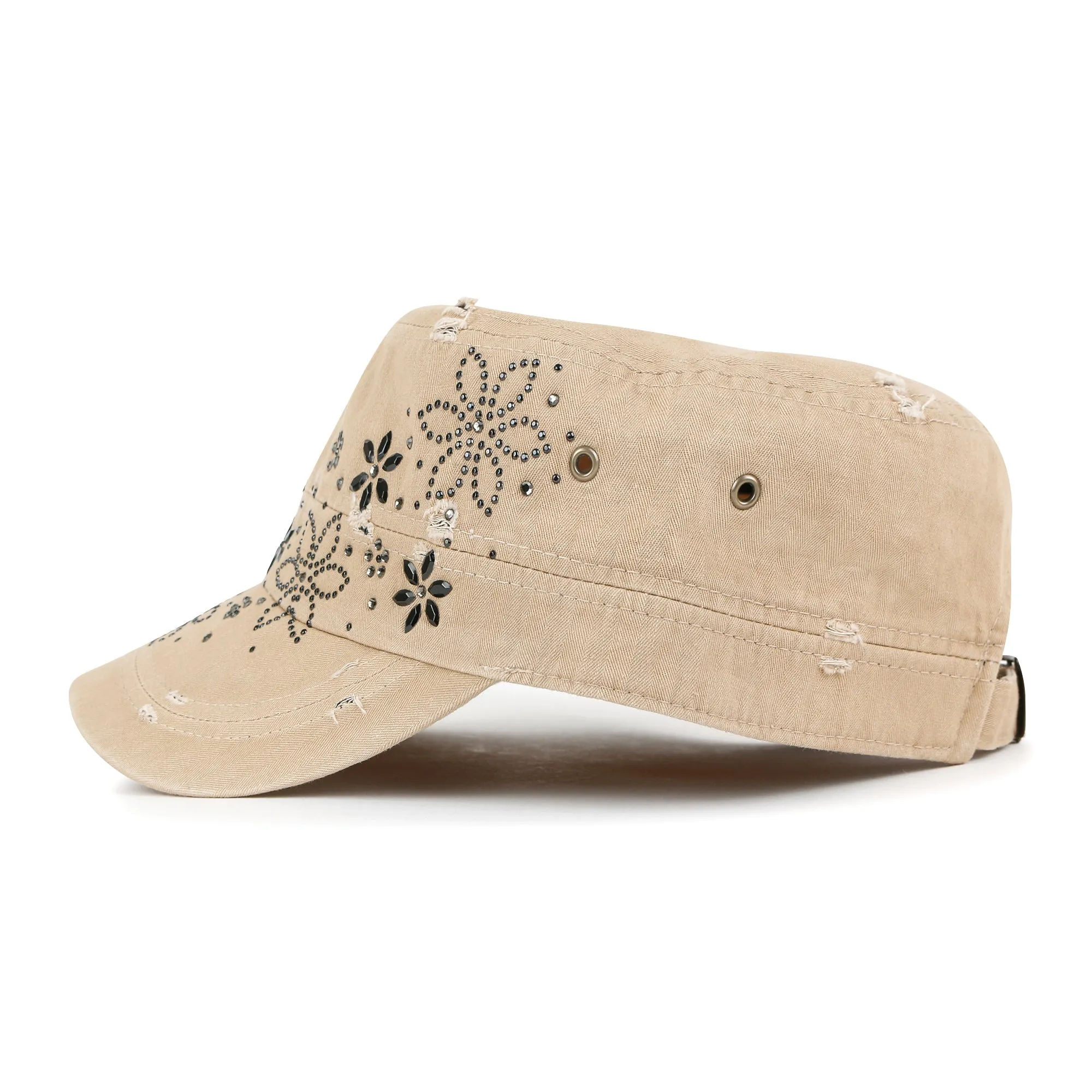 ililily Crystal Gemstone Stud Flower Vintage Cotton Military Army Hat Cadet Cap