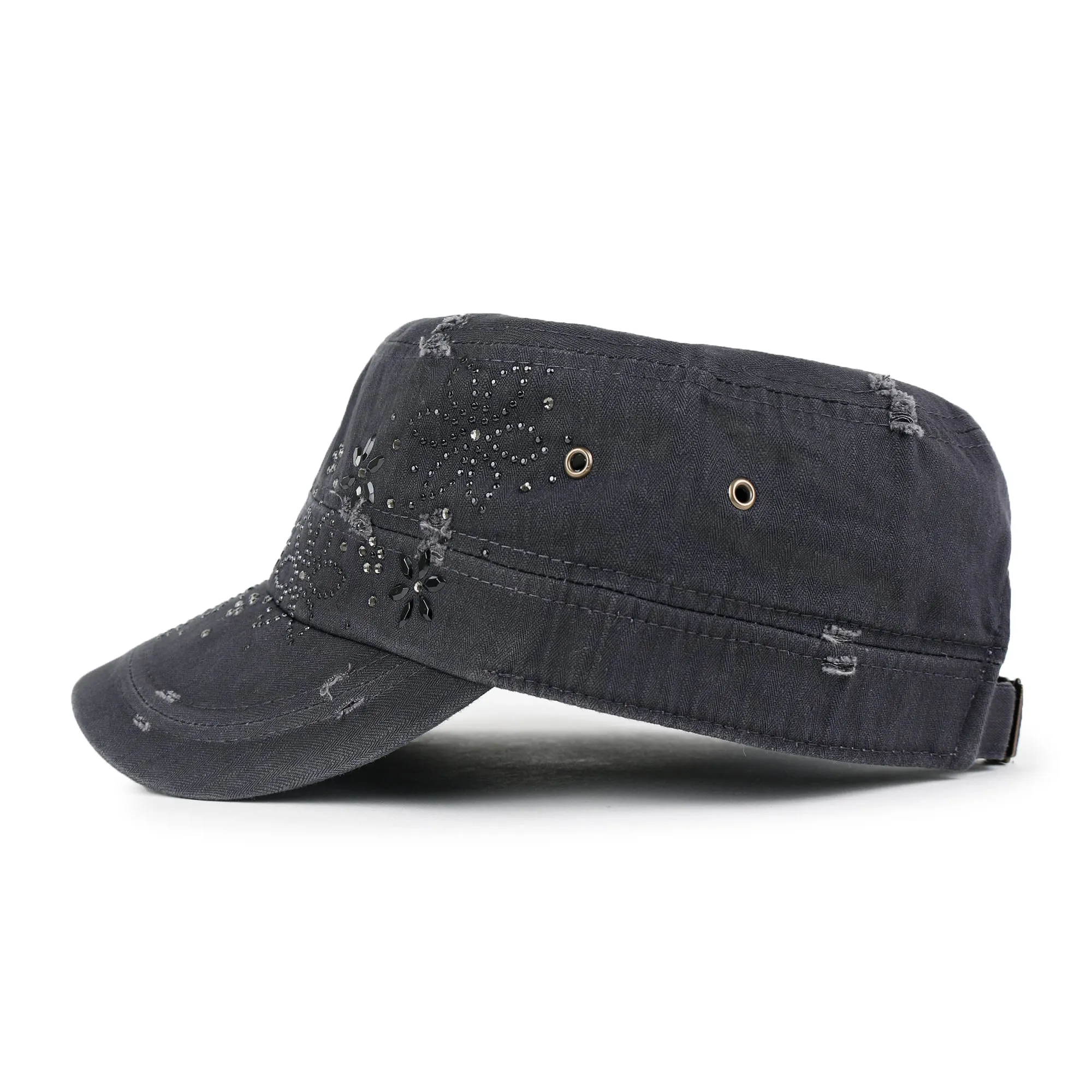 ililily Crystal Gemstone Stud Flower Vintage Cotton Military Army Hat Cadet Cap