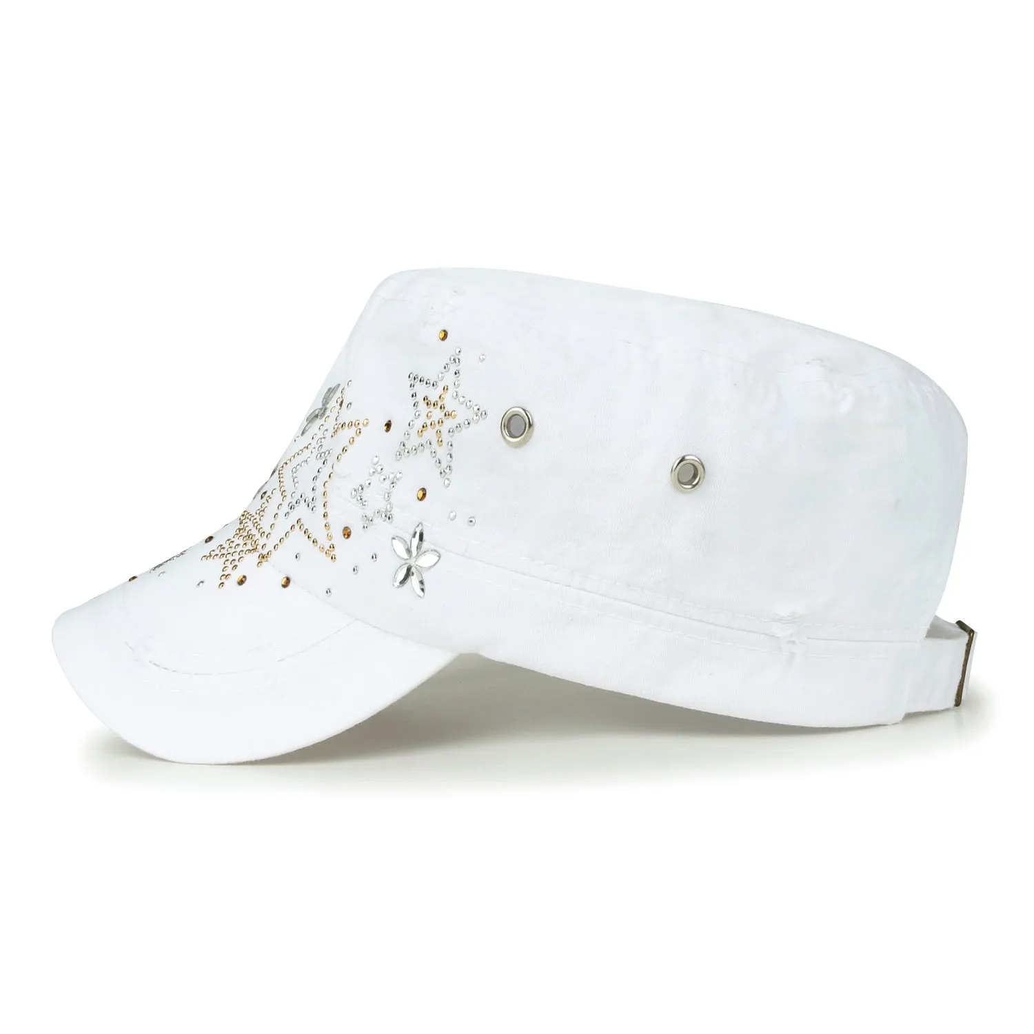 ililily Crystal Gemstone Stud Flower Vintage Cotton Military Army Hat Cadet Cap