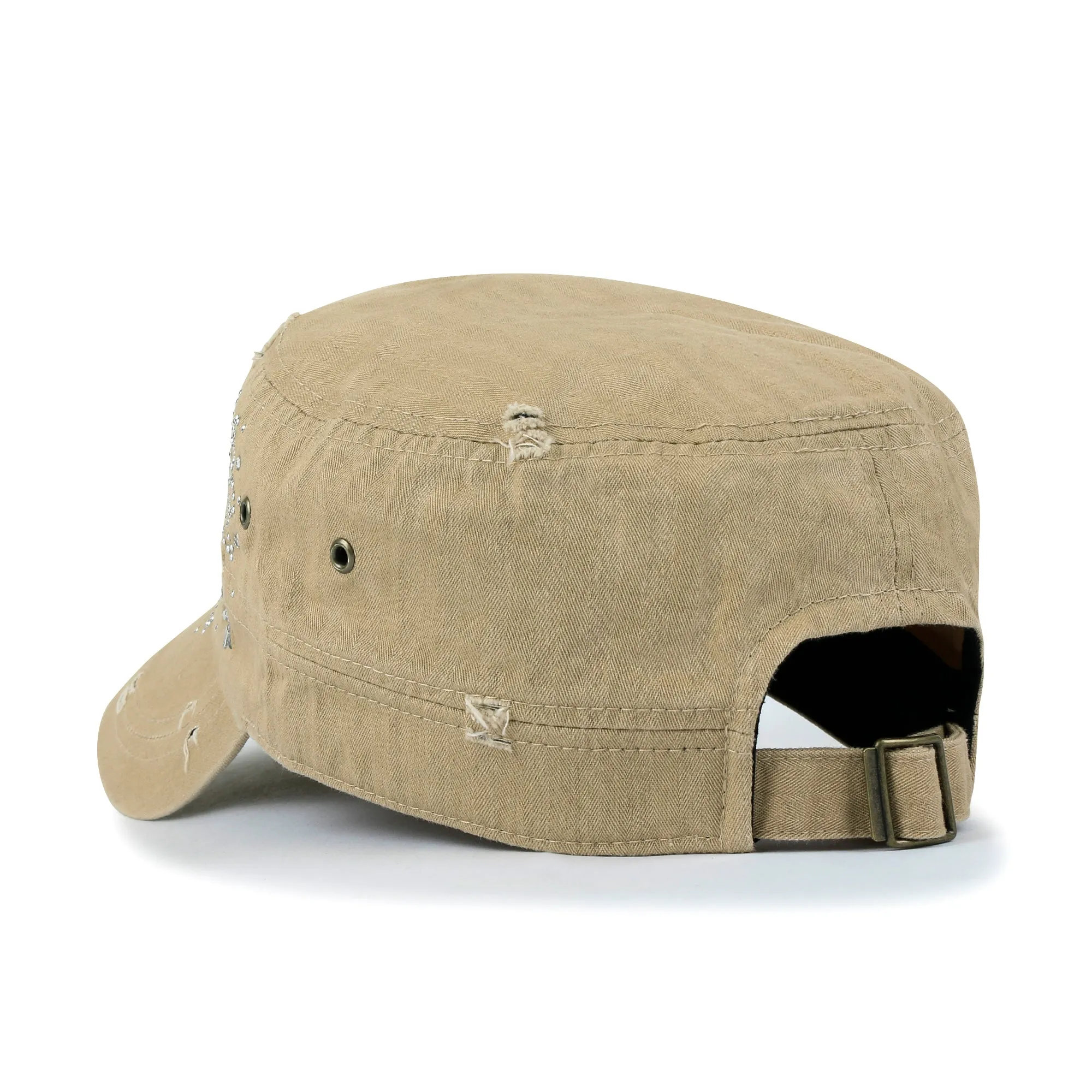 ililily Crystal Gemstone Stud Flower Vintage Cotton Military Army Hat Cadet Cap