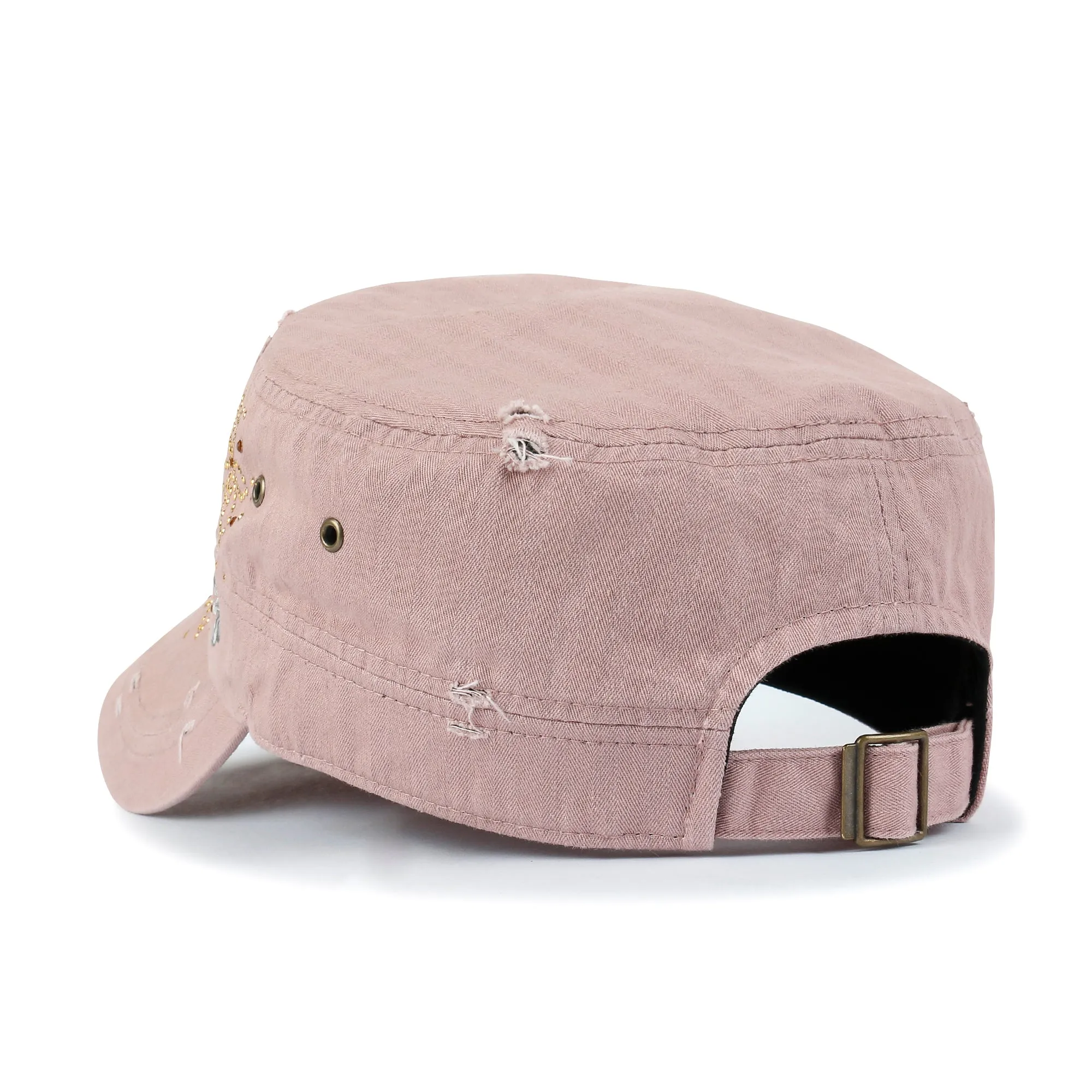 ililily Crystal Gemstone Stud Flower Vintage Cotton Military Army Hat Cadet Cap