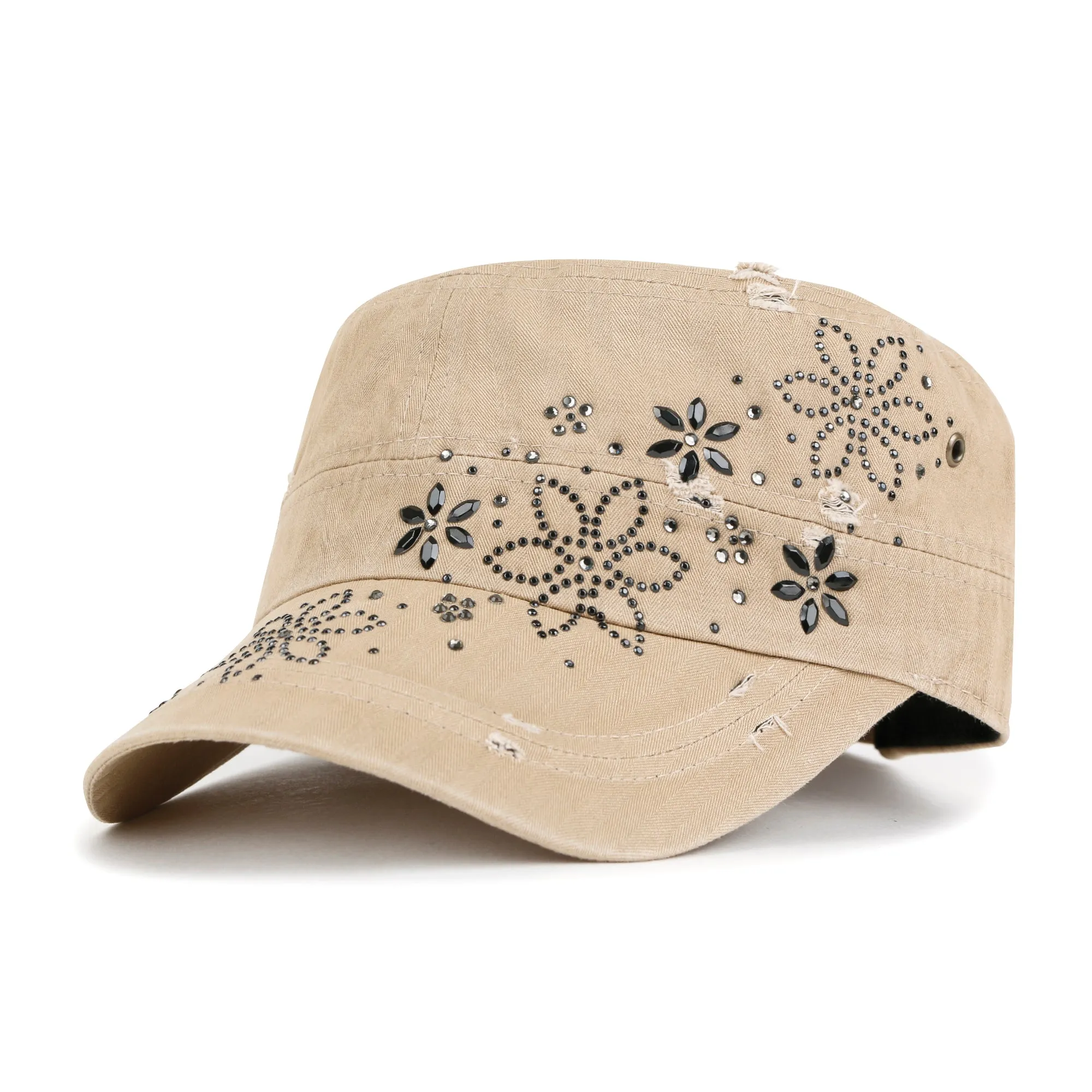 ililily Crystal Gemstone Stud Flower Vintage Cotton Military Army Hat Cadet Cap