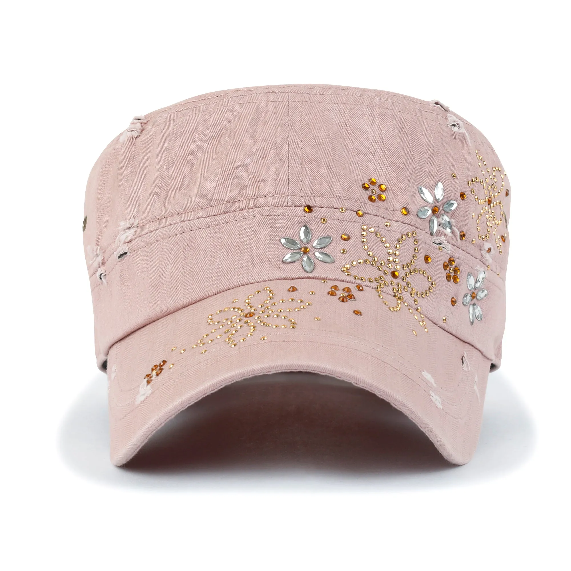 ililily Crystal Gemstone Stud Flower Vintage Cotton Military Army Hat Cadet Cap