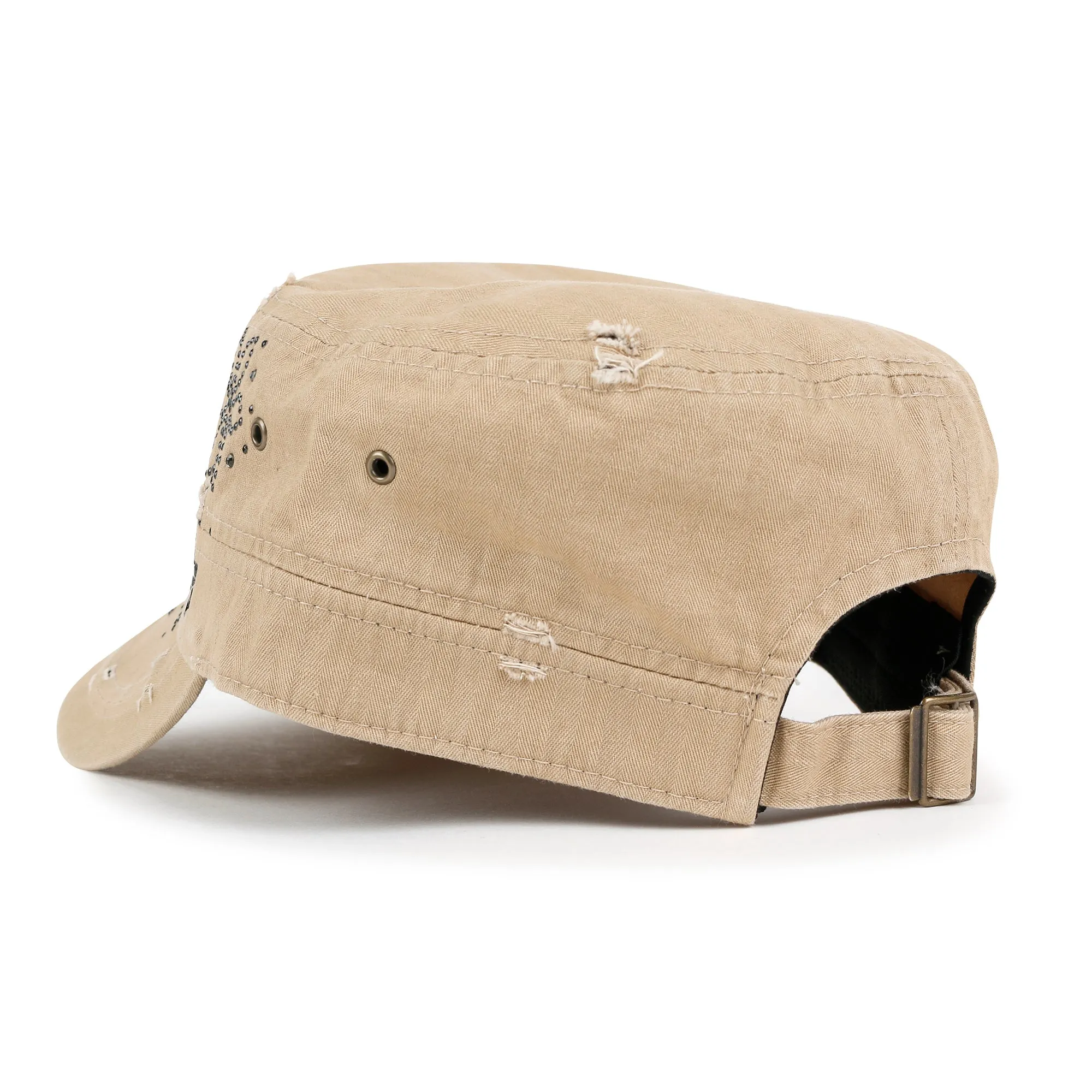 ililily Crystal Gemstone Stud Flower Vintage Cotton Military Army Hat Cadet Cap