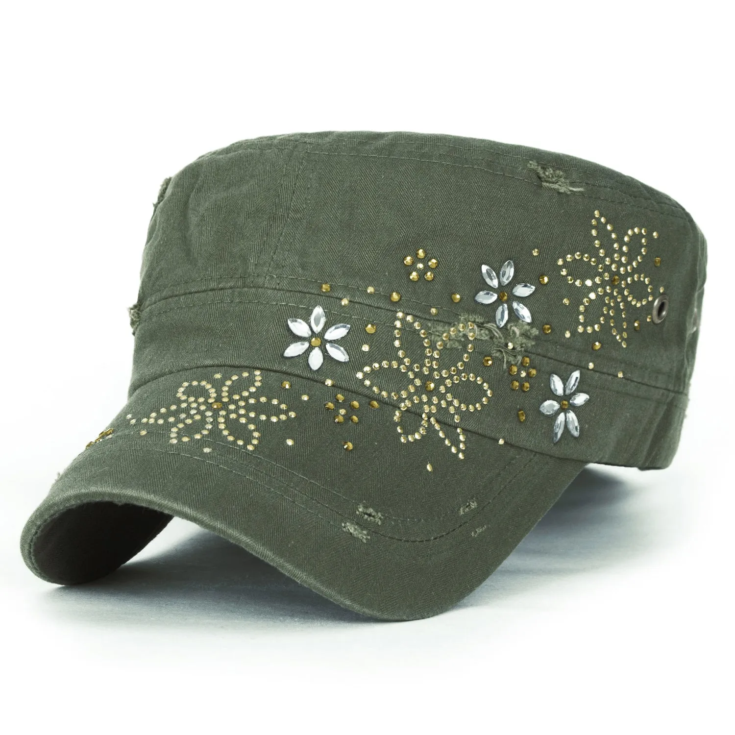ililily Crystal Gemstone Stud Flower Vintage Cotton Military Army Hat Cadet Cap