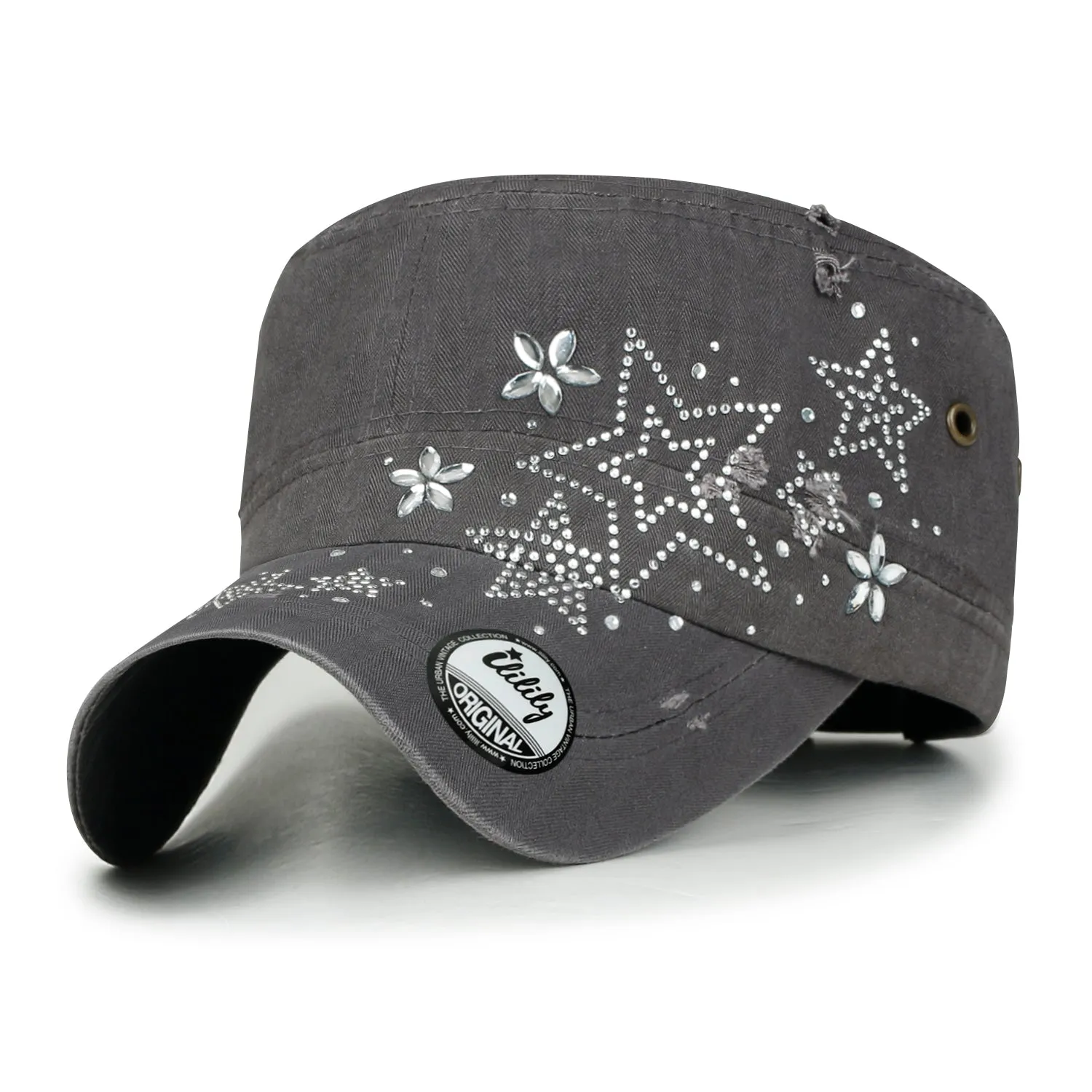 ililily Crystal Gemstone Stud Flower Vintage Cotton Military Army Hat Cadet Cap