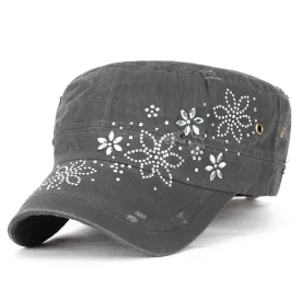 ililily Crystal Gemstone Stud Flower Vintage Cotton Military Army Hat Cadet Cap