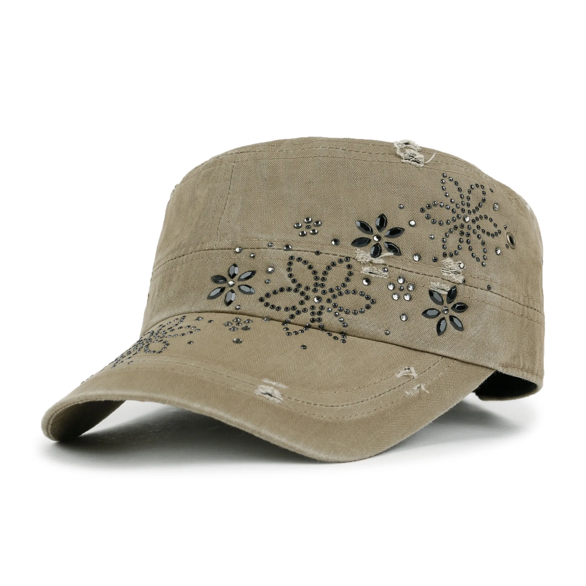 ililily Crystal Gemstone Stud Flower Vintage Cotton Military Army Hat Cadet Cap