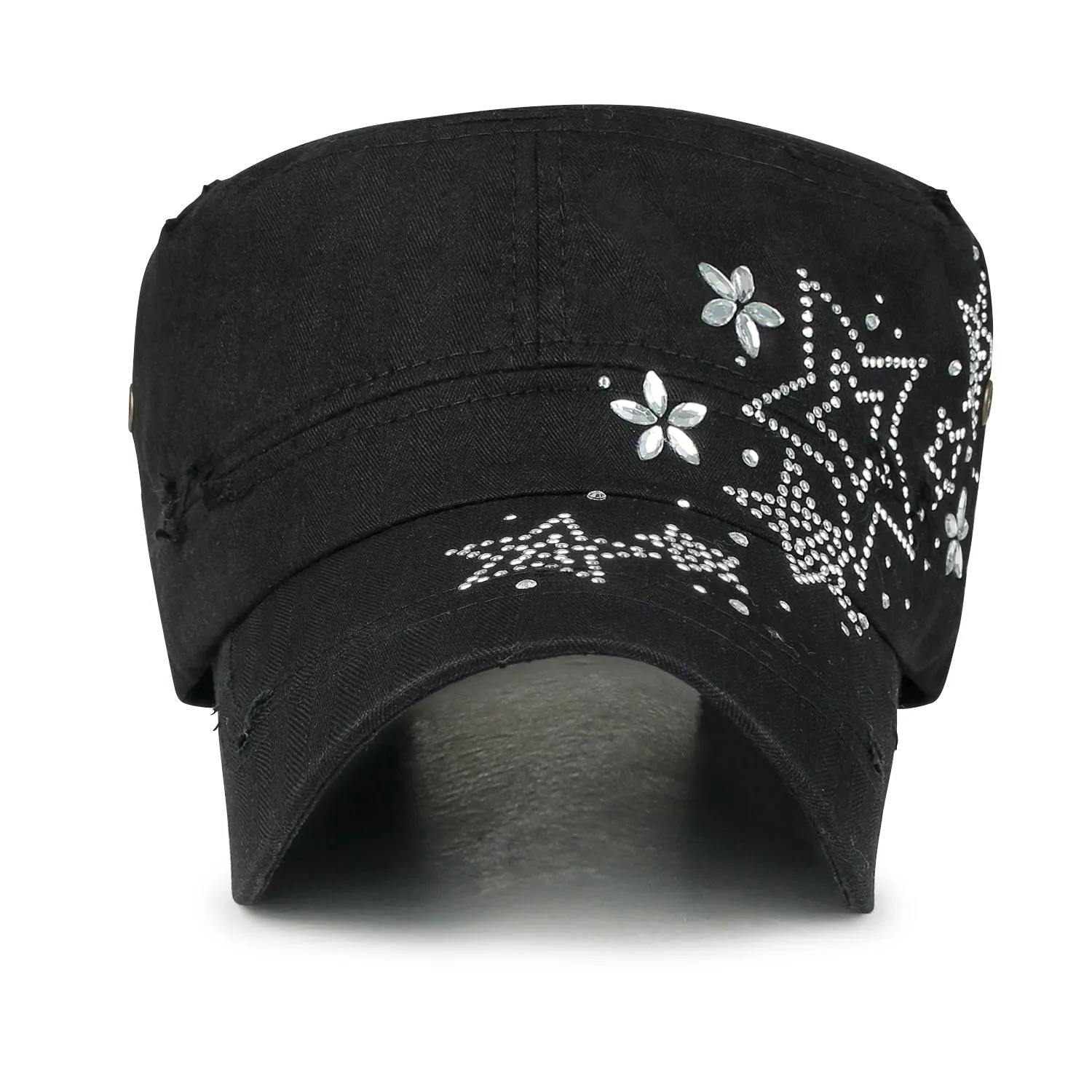 ililily Crystal Gemstone Stud Flower Vintage Cotton Military Army Hat Cadet Cap