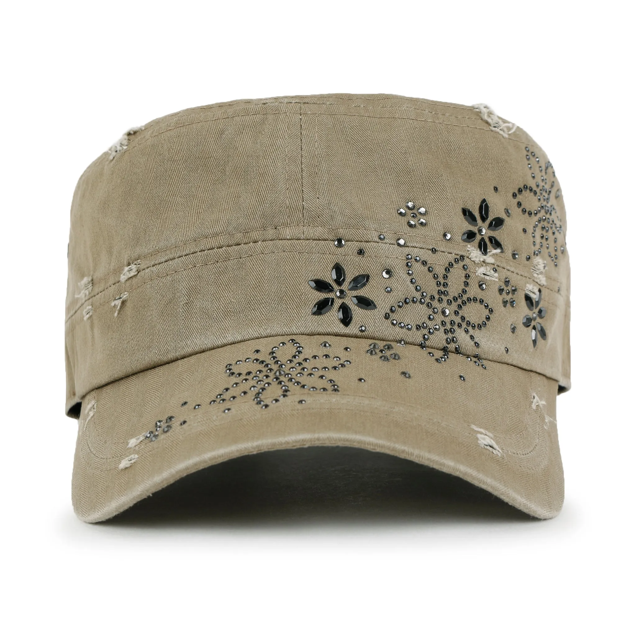 ililily Crystal Gemstone Stud Flower Vintage Cotton Military Army Hat Cadet Cap