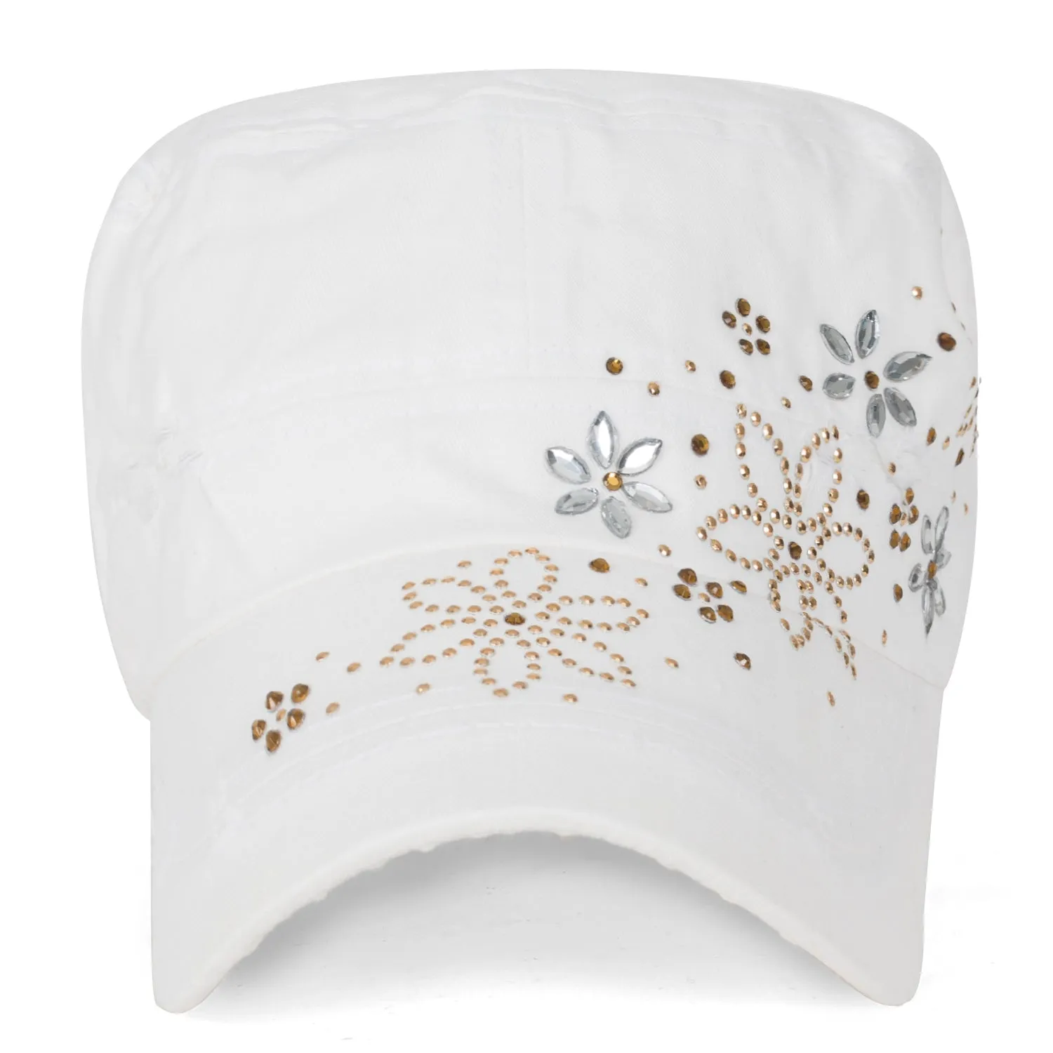 ililily Crystal Gemstone Stud Flower Vintage Cotton Military Army Hat Cadet Cap