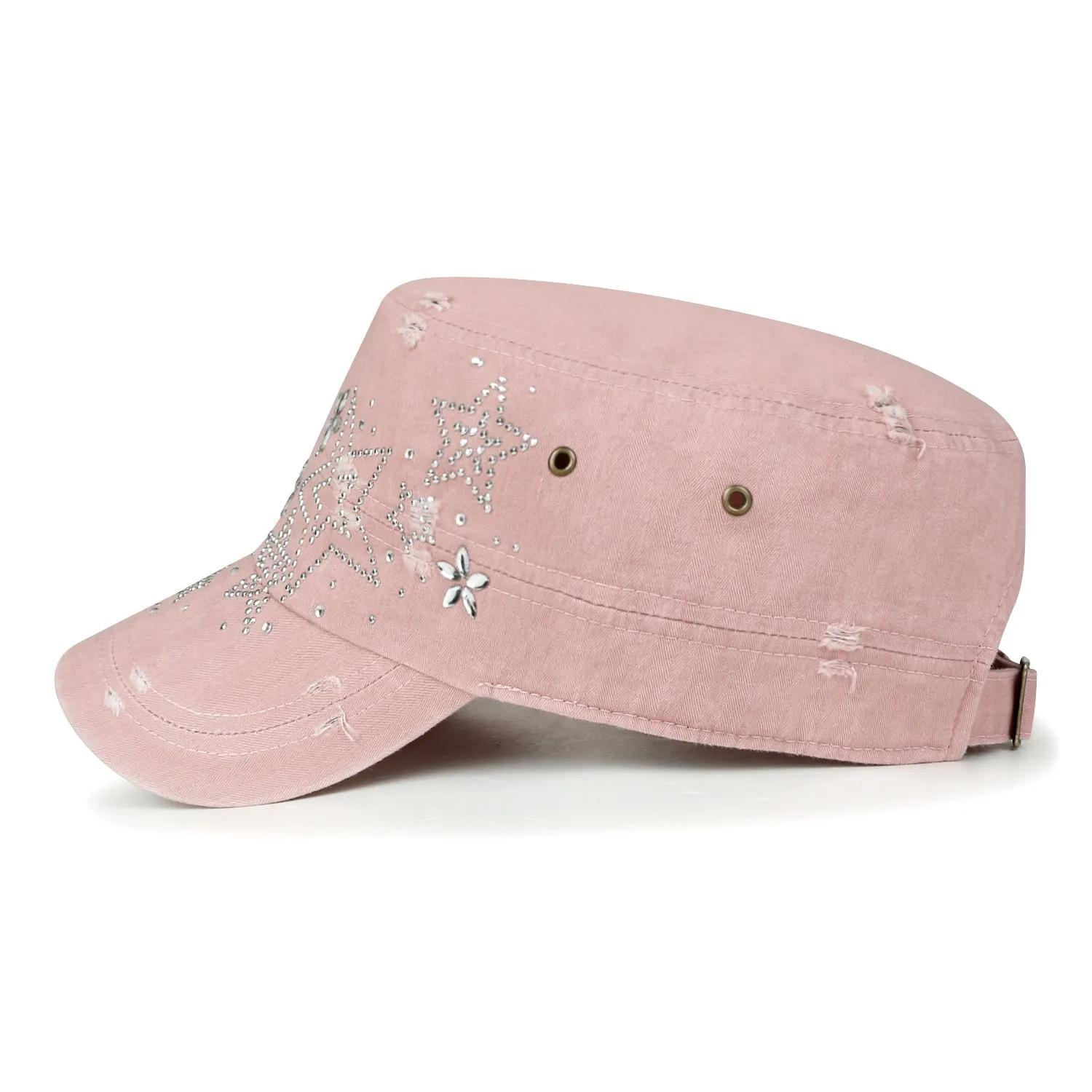 ililily Crystal Gemstone Stud Flower Vintage Cotton Military Army Hat Cadet Cap