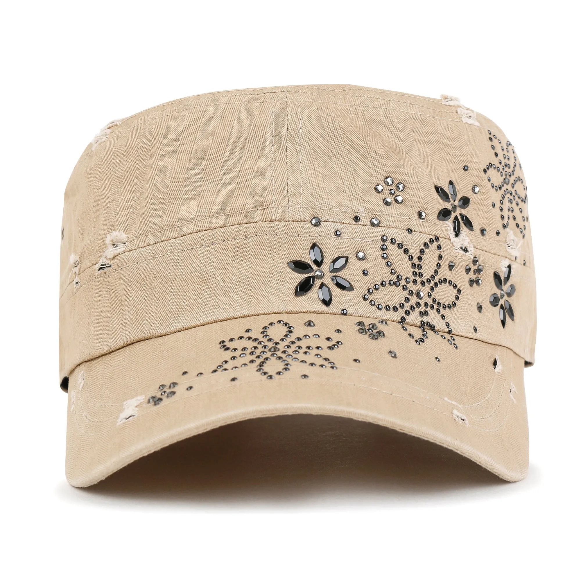 ililily Crystal Gemstone Stud Flower Vintage Cotton Military Army Hat Cadet Cap