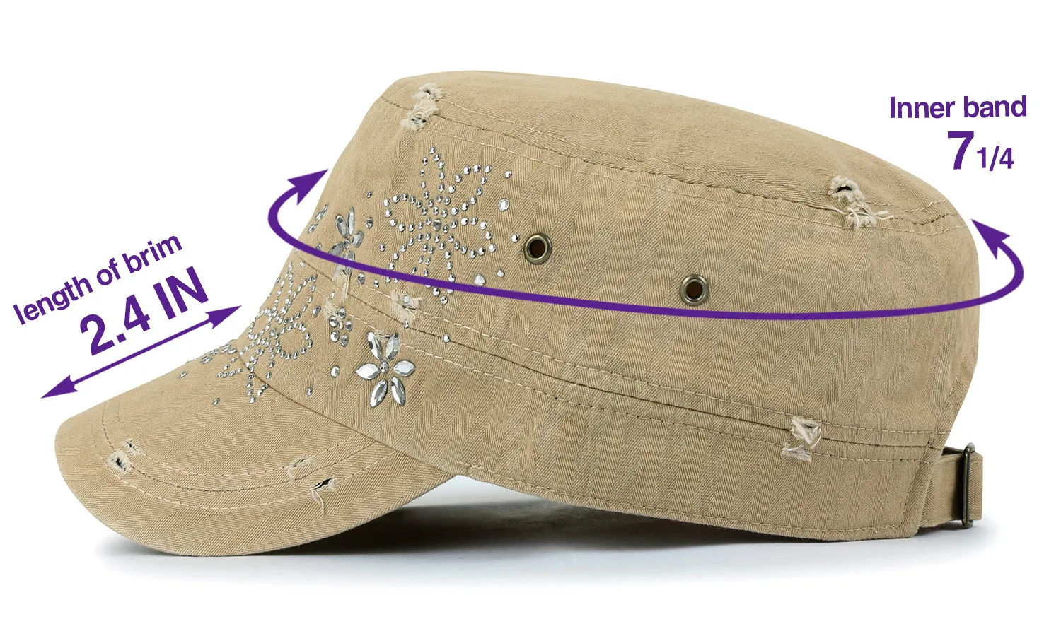 ililily Crystal Gemstone Stud Flower Vintage Cotton Military Army Hat Cadet Cap