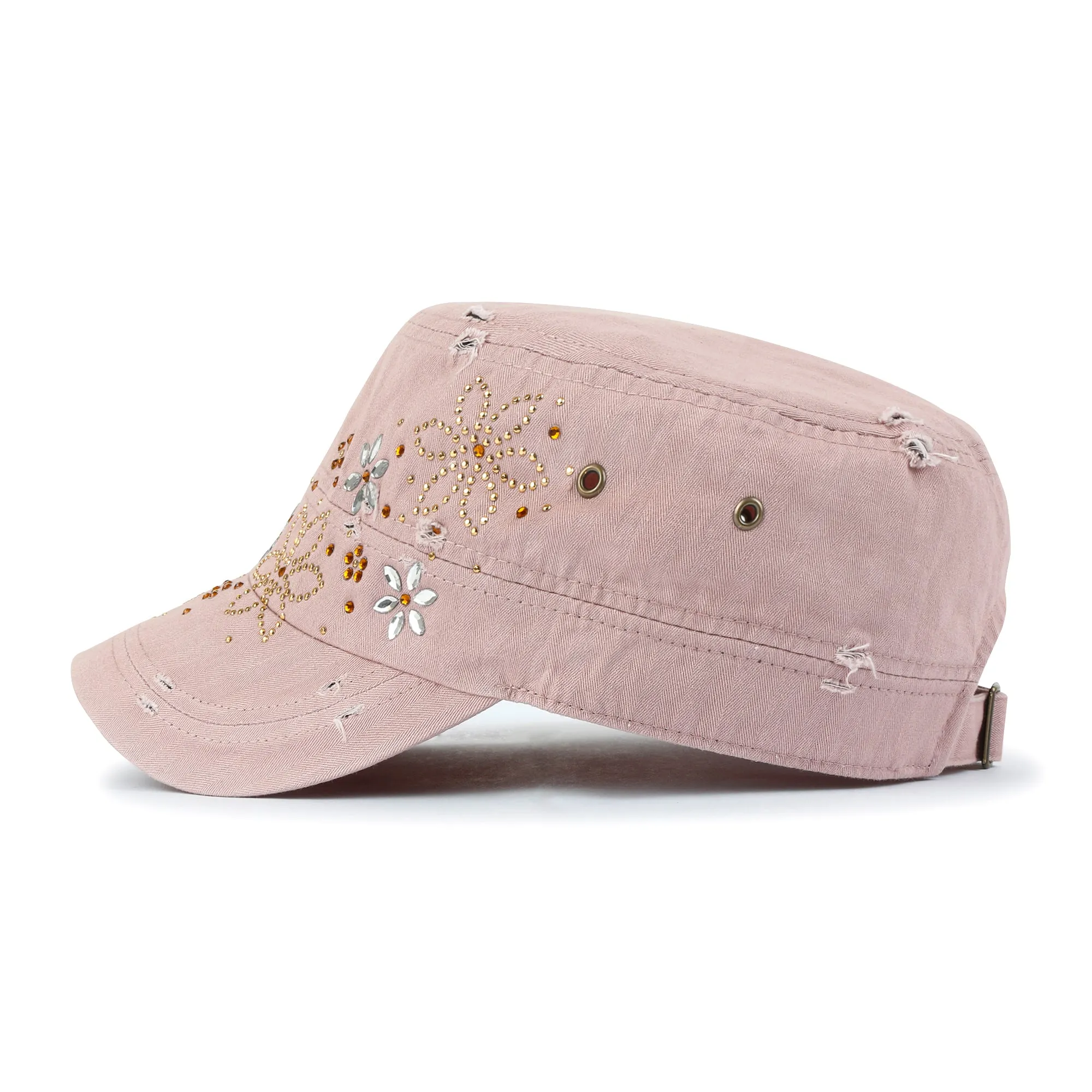 ililily Crystal Gemstone Stud Flower Vintage Cotton Military Army Hat Cadet Cap