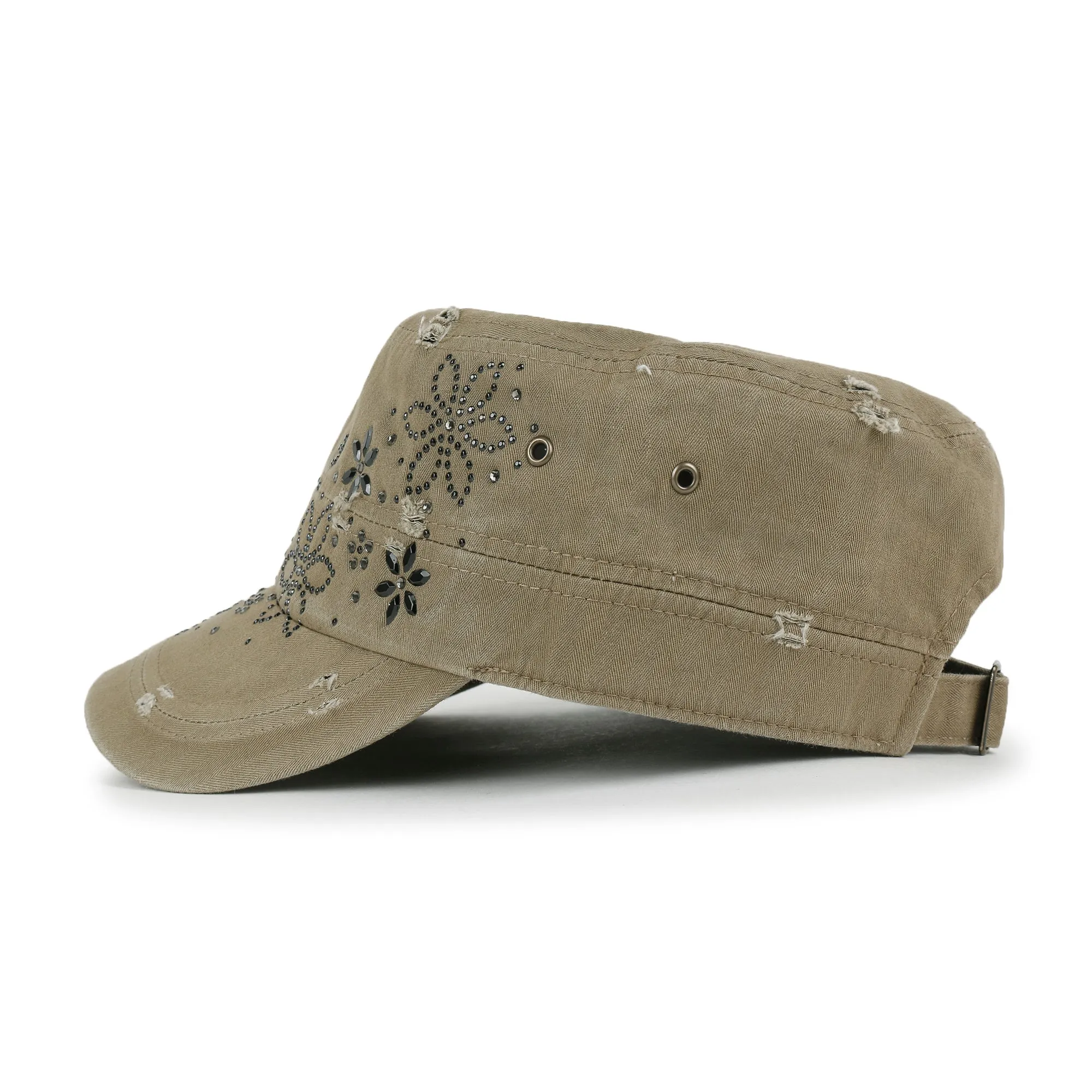 ililily Crystal Gemstone Stud Flower Vintage Cotton Military Army Hat Cadet Cap