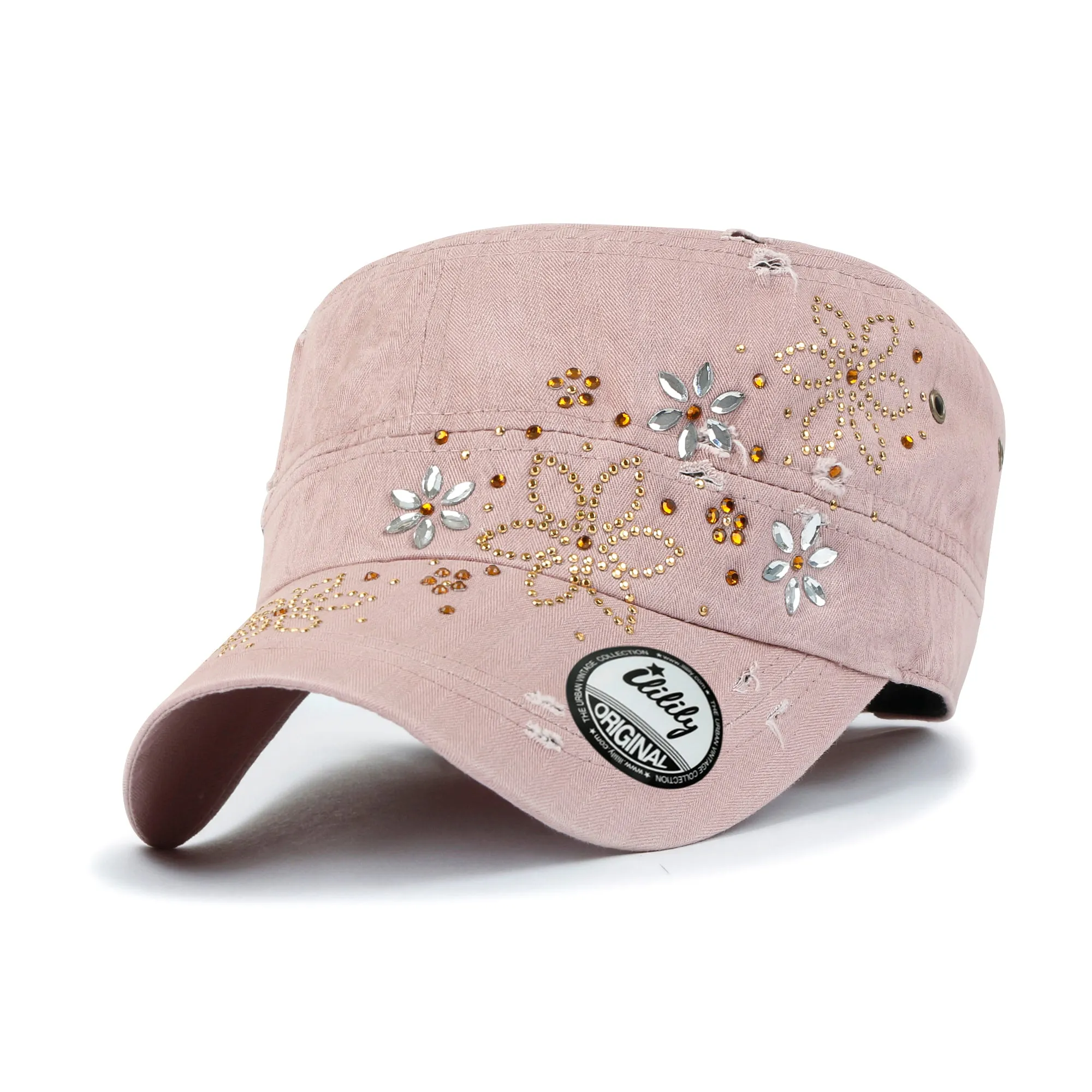 ililily Crystal Gemstone Stud Flower Vintage Cotton Military Army Hat Cadet Cap