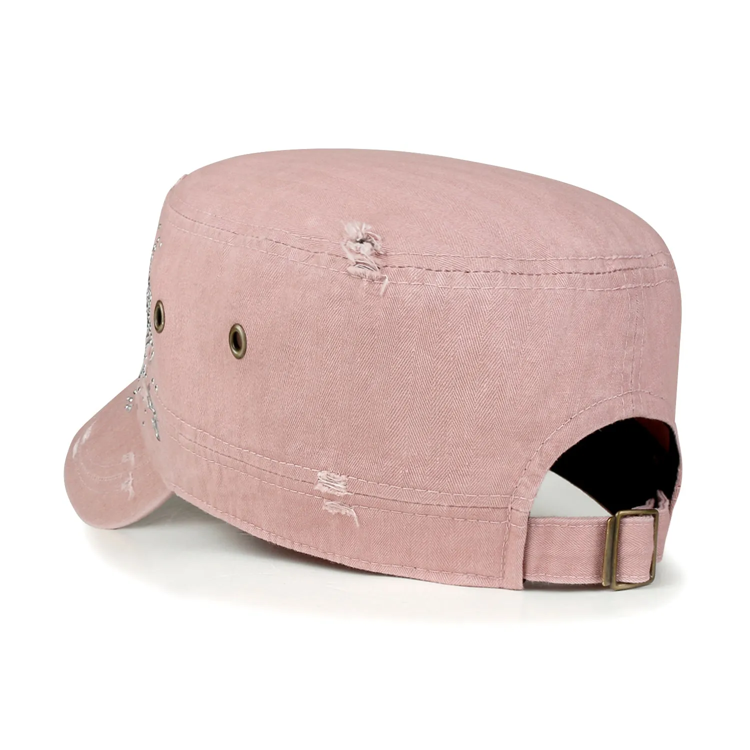 ililily Crystal Gemstone Stud Flower Vintage Cotton Military Army Hat Cadet Cap